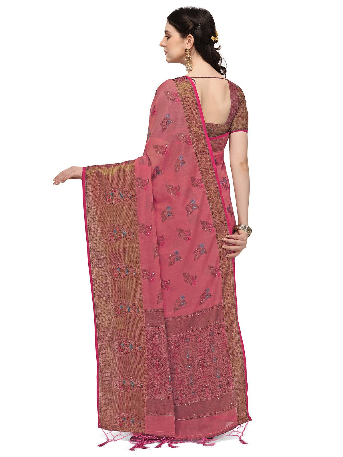 Odette Women Pink Colour Banarasi Silk Madhubani Work Saree With Unstitched Blouse - Image 2