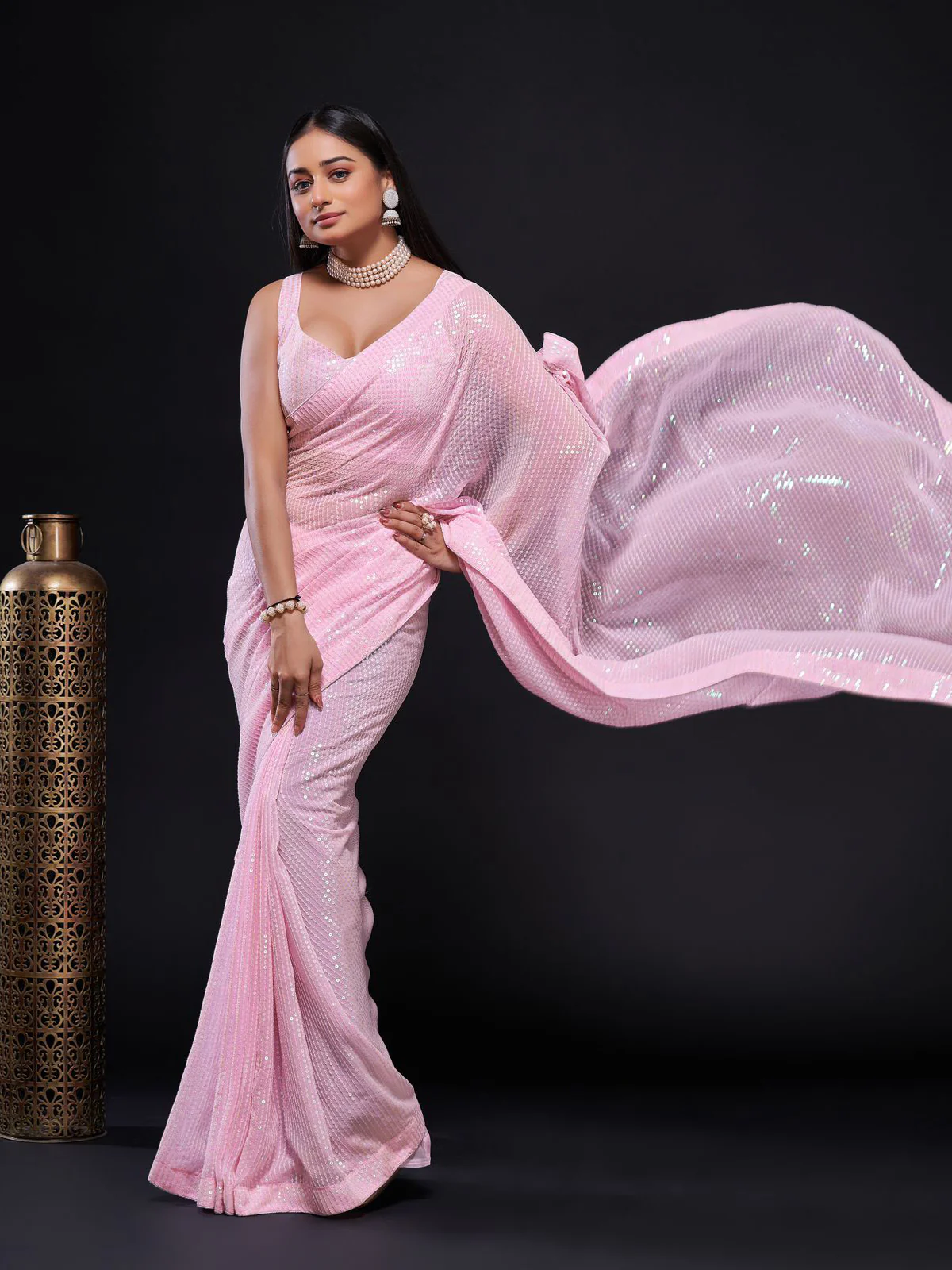 Odette Women Pink Embellished Georgette Saree With Unstitched Blouse - Image 2