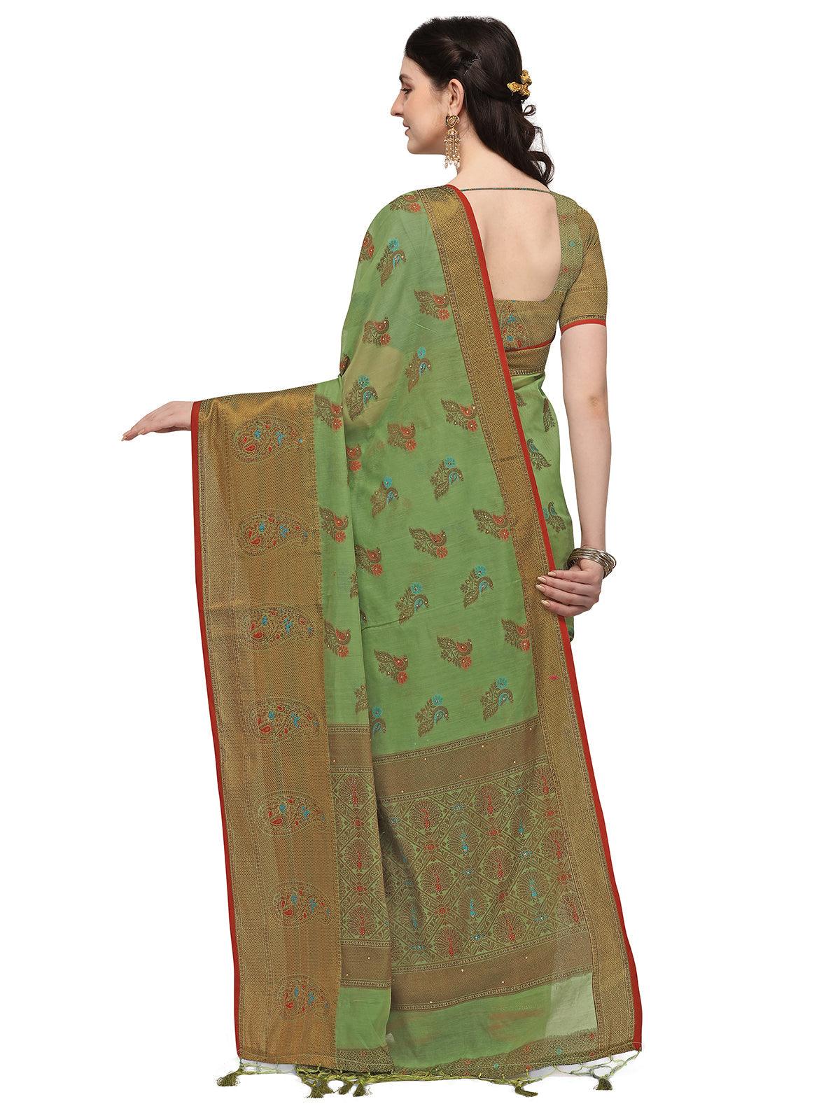 Odette Women Pista Colour Banarasi Silk Madhubani Work Saree With Unstitched Blouse - Image 2