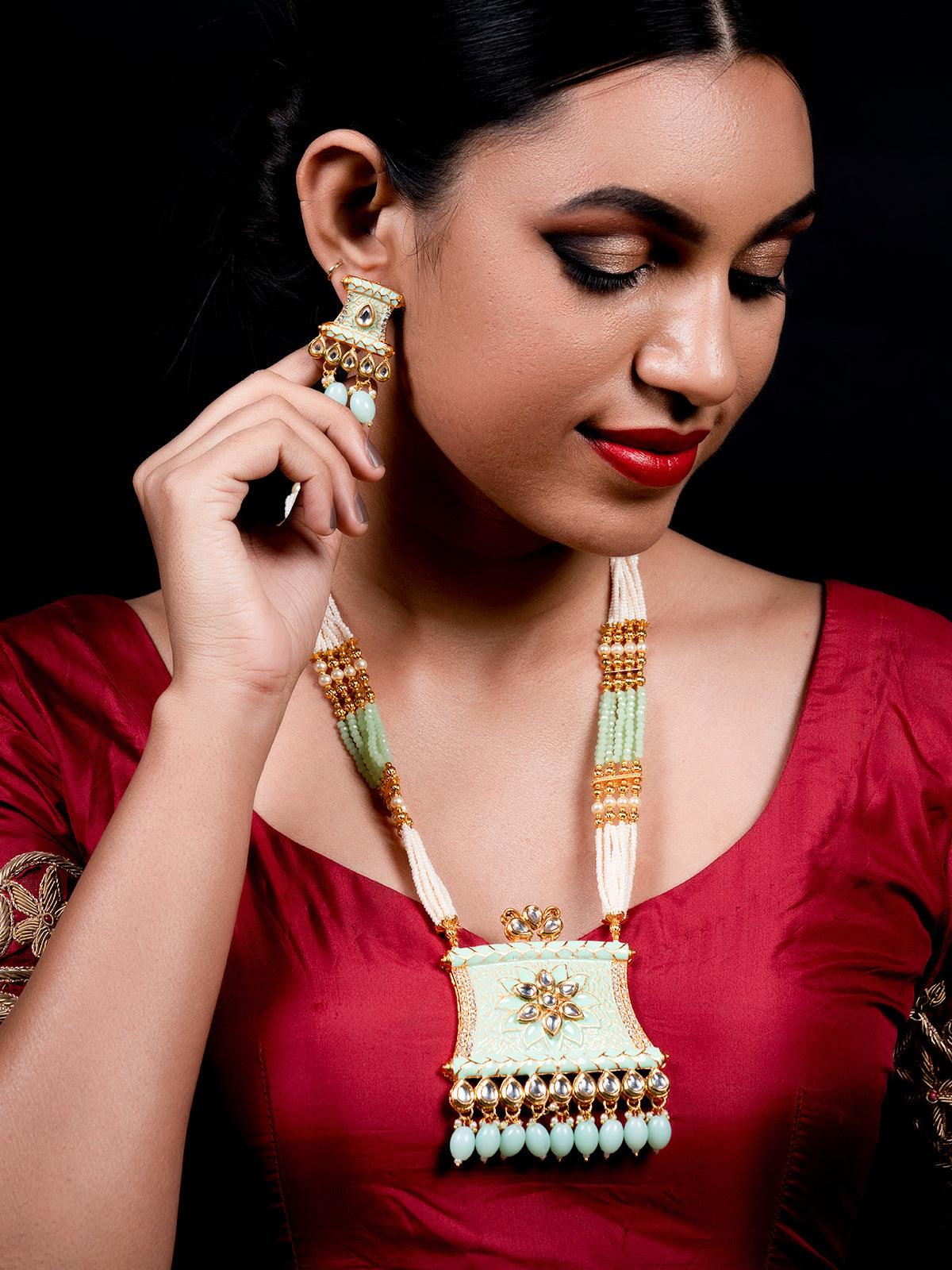 Odette Women Pistachio Green Enamelled Long Multistring Onyx-Pearl Necklace Set - Image 2