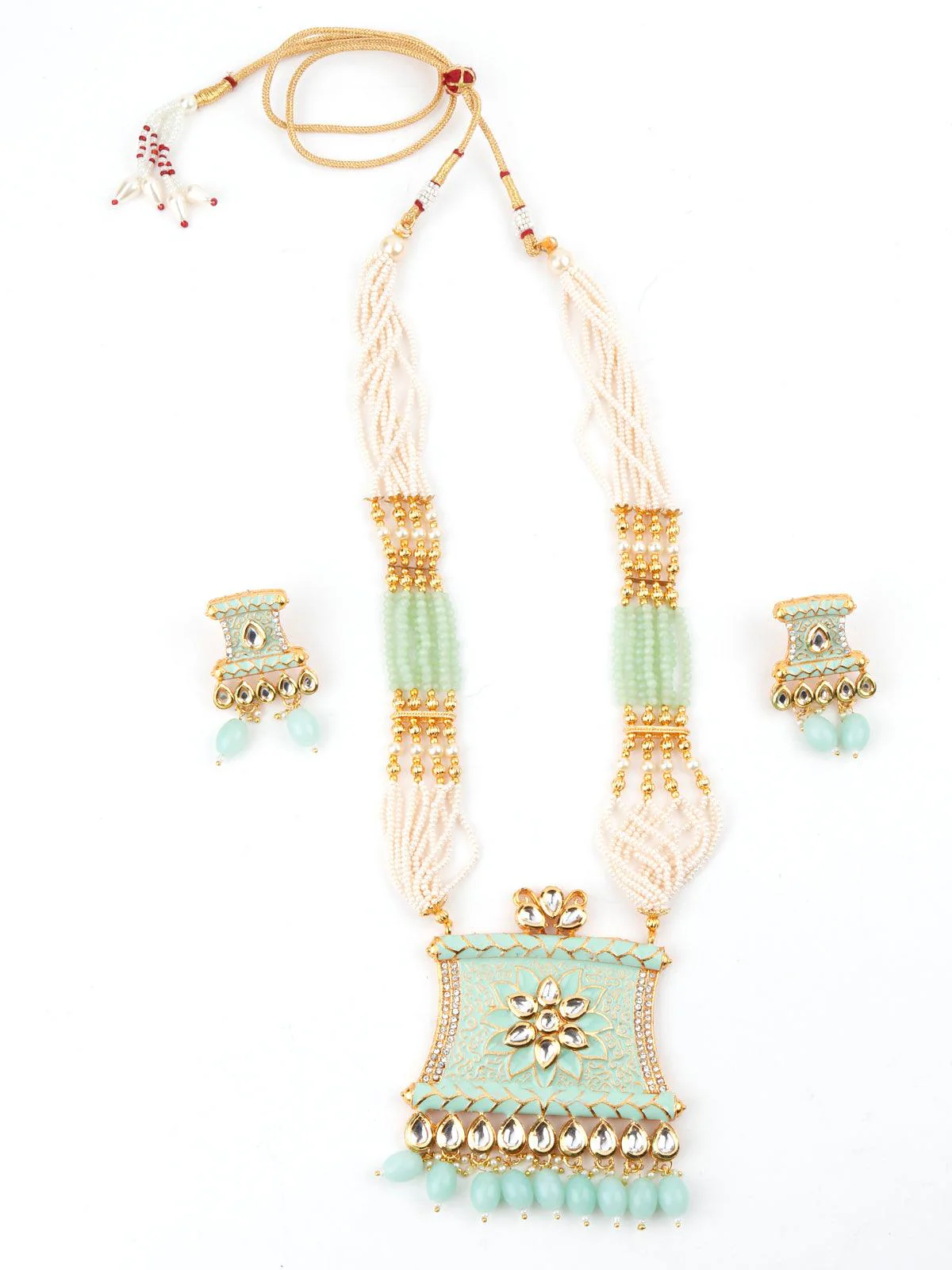 Odette Women Pistachio Green Enamelled Long Multistring Onyx-Pearl Necklace Set - Image 3