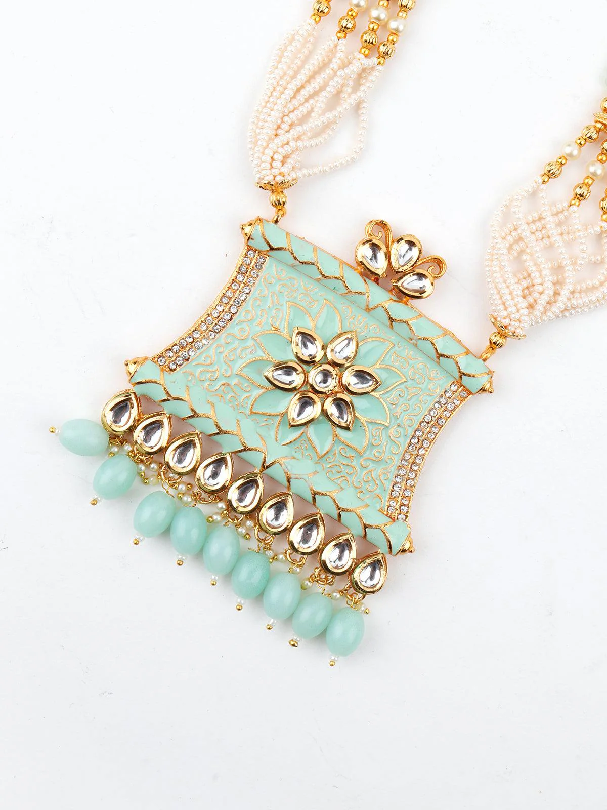 Odette Women Pistachio Green Enamelled Long Multistring Onyx-Pearl Necklace Set - Image 5