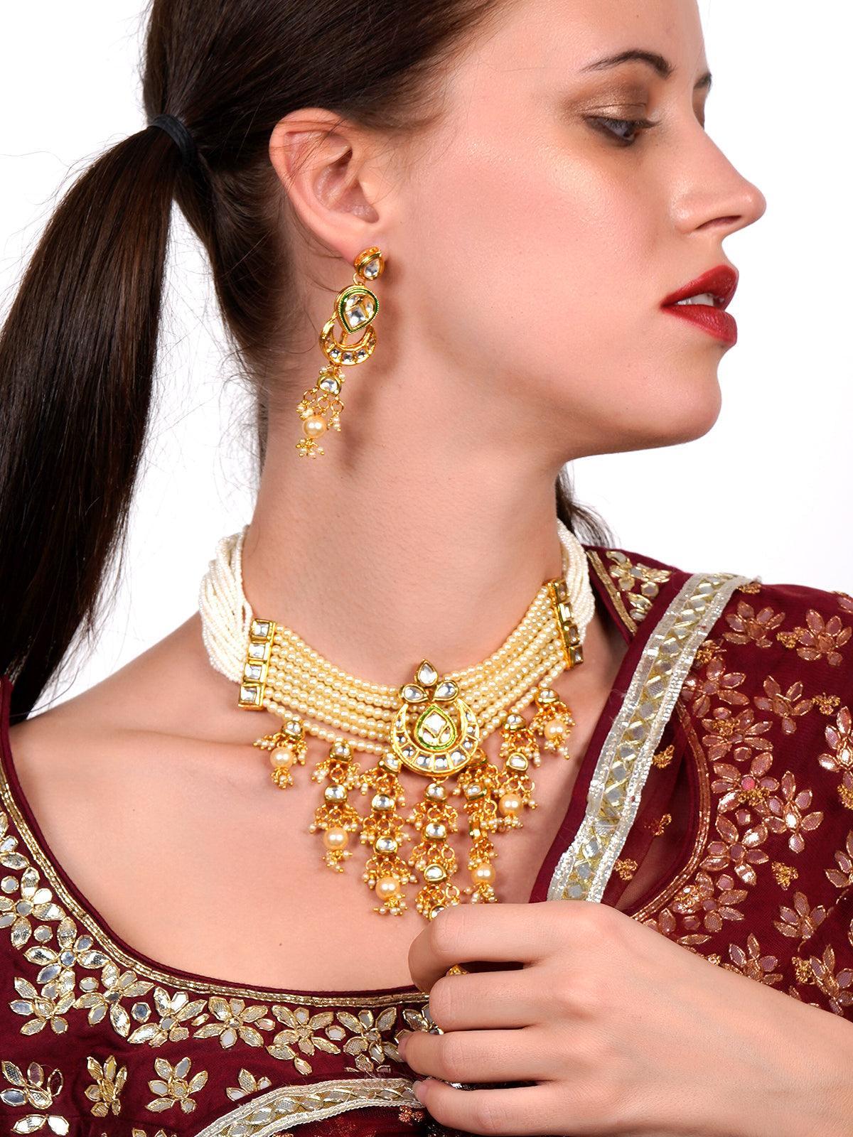 Odette Women Ponderous Pearl Kundan Choker With Earrings! - Image 2