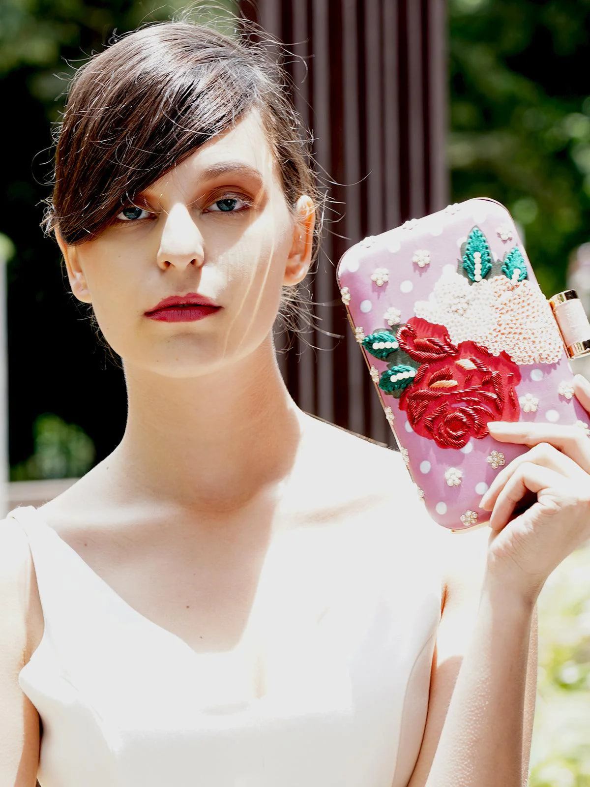 Odette Women Rectangular Shape Peach Embellished Clutch! - Image 2