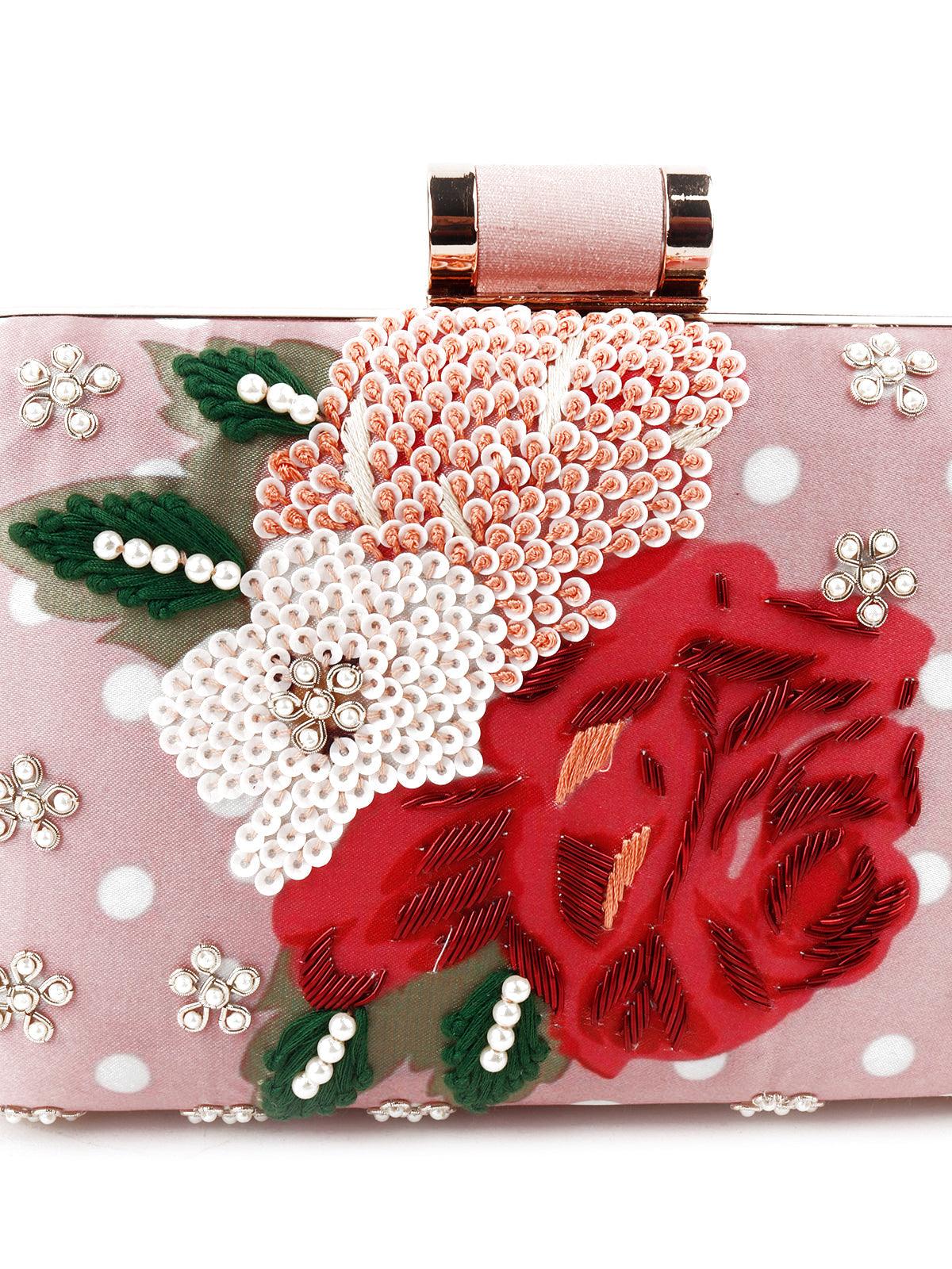 Odette Women Rectangular Shape Peach Embellished Clutch! - Image 5
