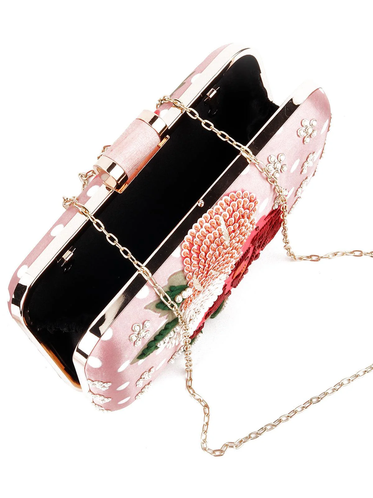 Odette Women Rectangular Shape Peach Embellished Clutch! - Image 6