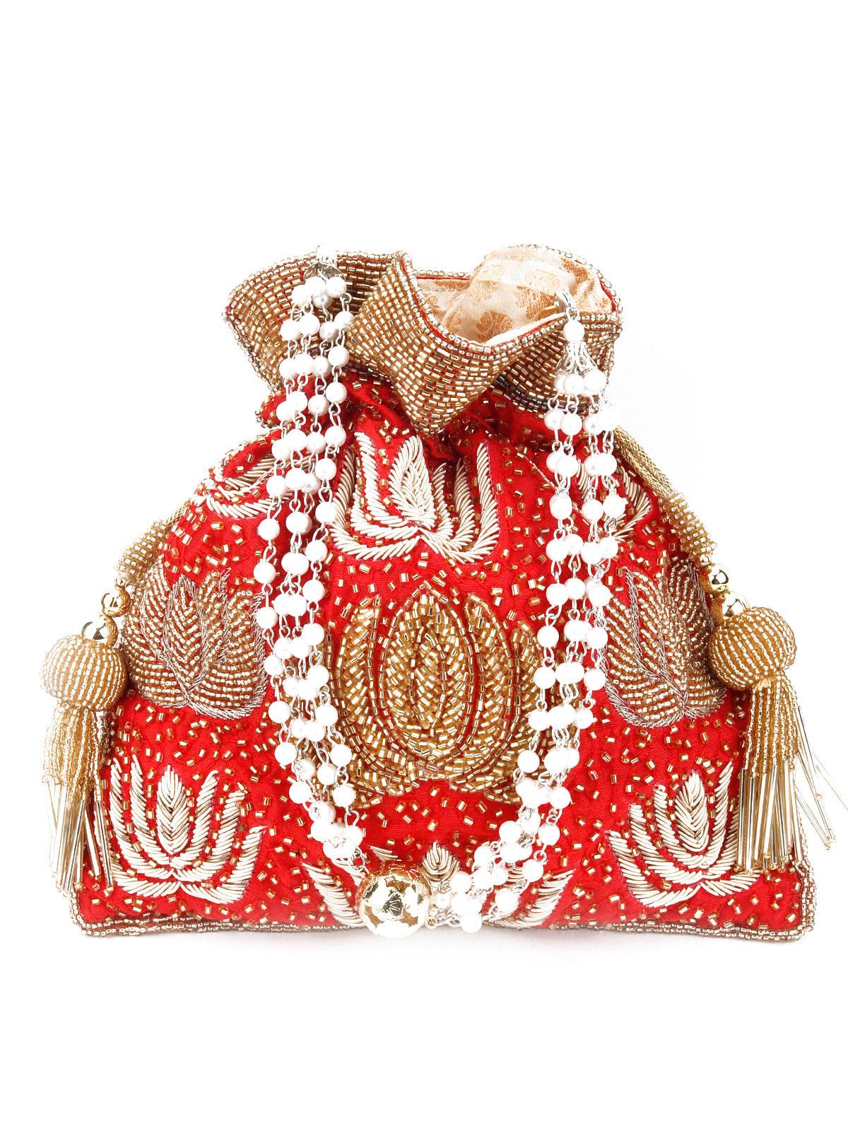 Odette Women Red Beautiful Tassel Potli Handbag - Image 3