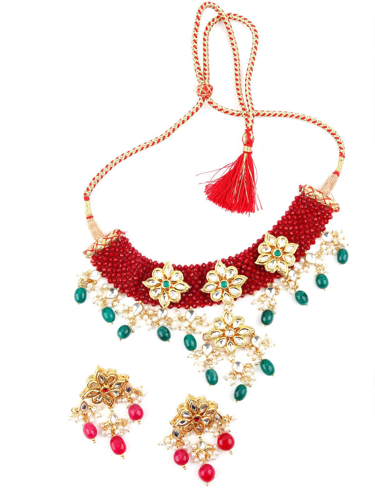 Odette Women Red-Green Decorative Mani-Kundan-Pearl-Onyx Long Choker Set - Image 4