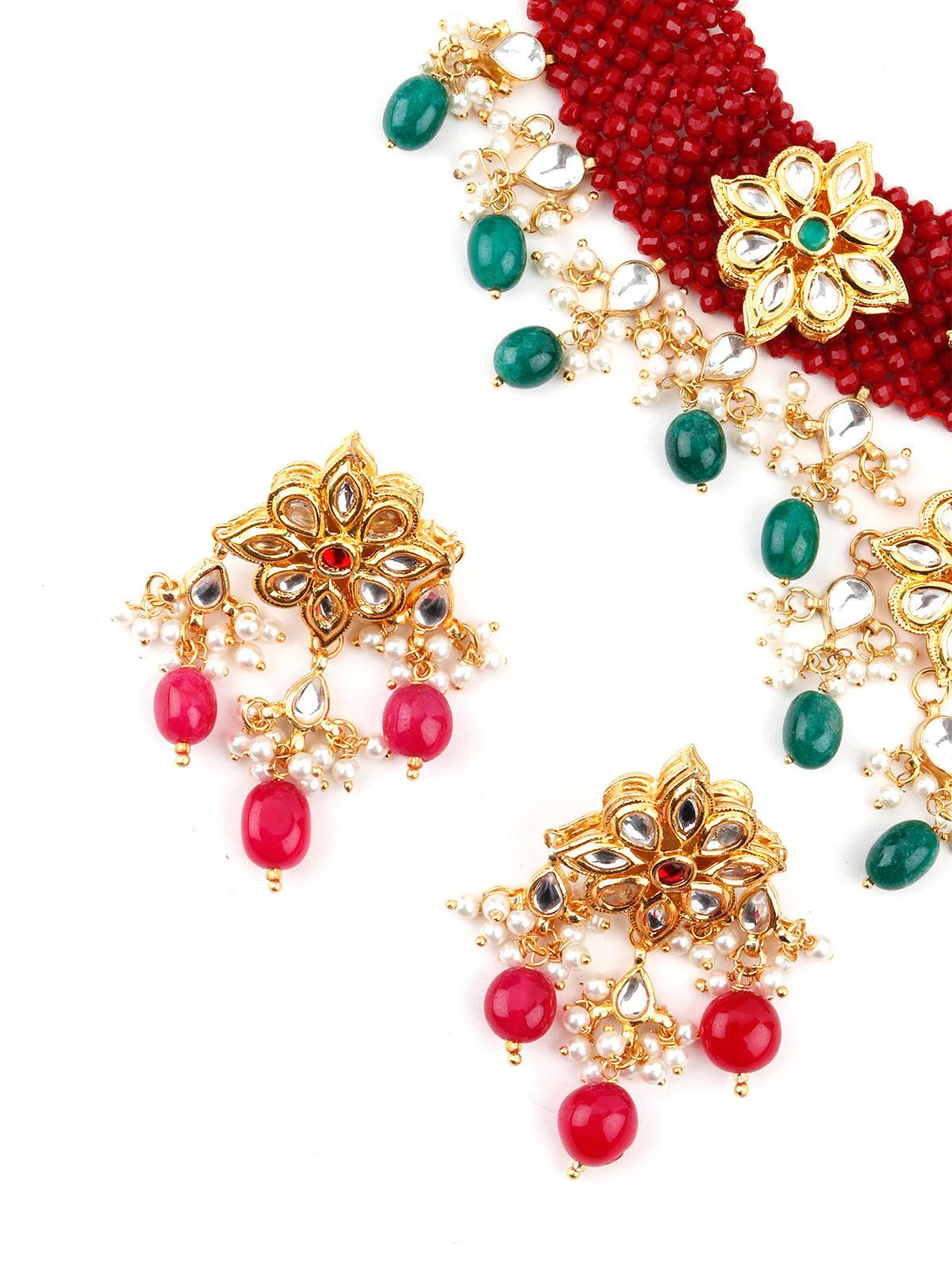 Odette Women Red-Green Decorative Mani-Kundan-Pearl-Onyx Long Choker Set - Image 5