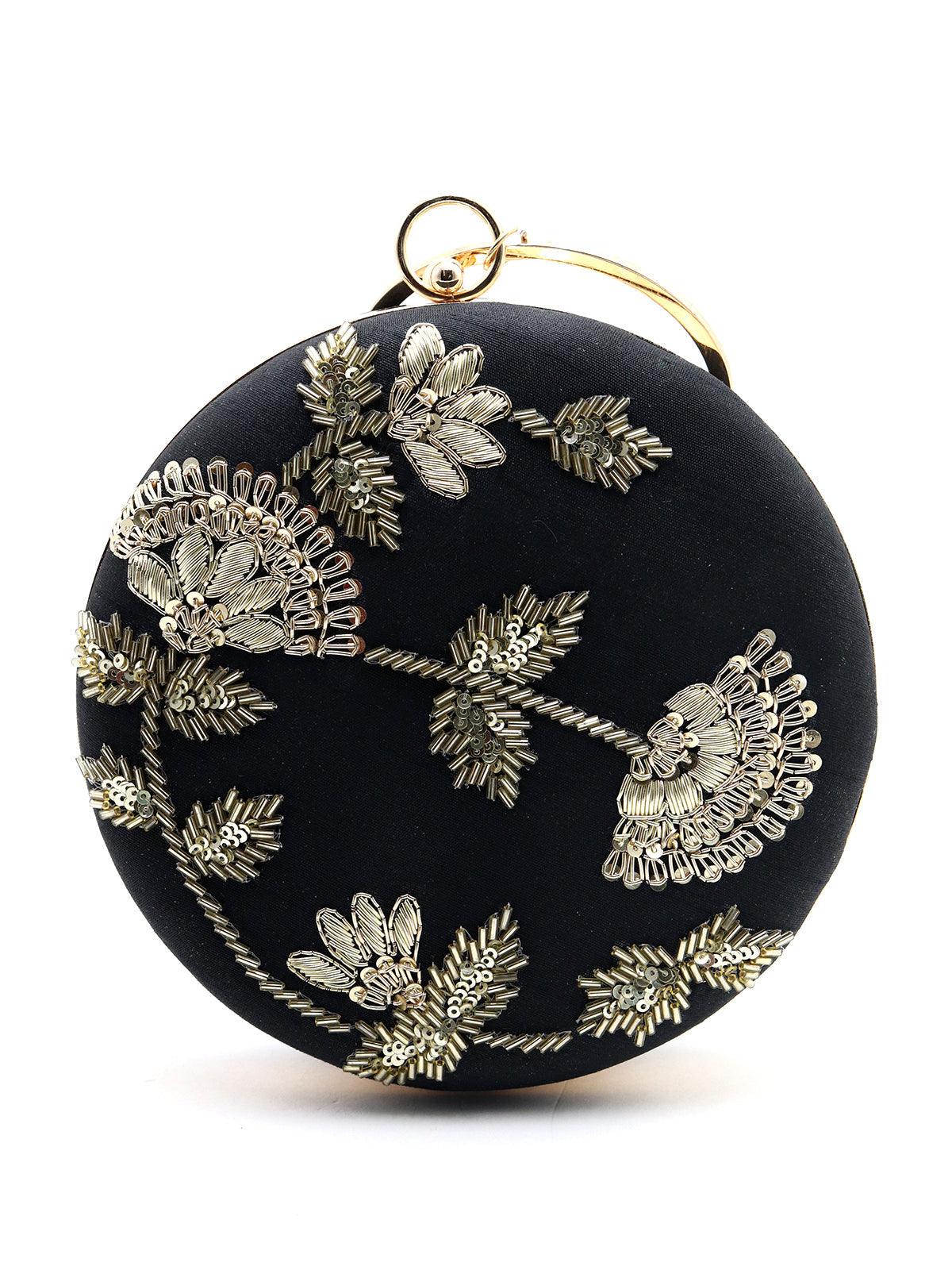 Odette Women Round Black Attractive Zardozi Clutch! - Image 3