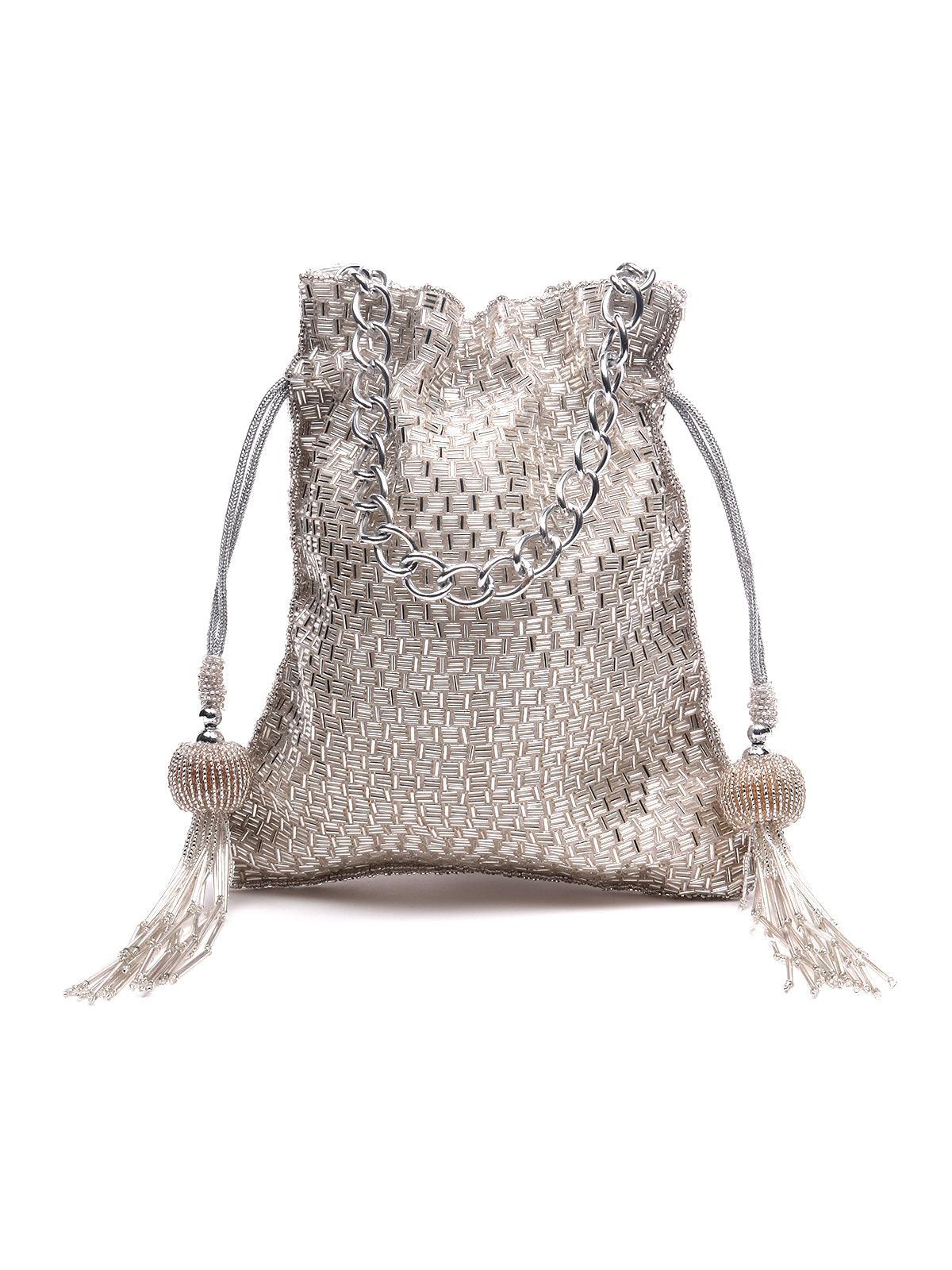 Odette Women Silver Beaded Potli Handbag - Image 4