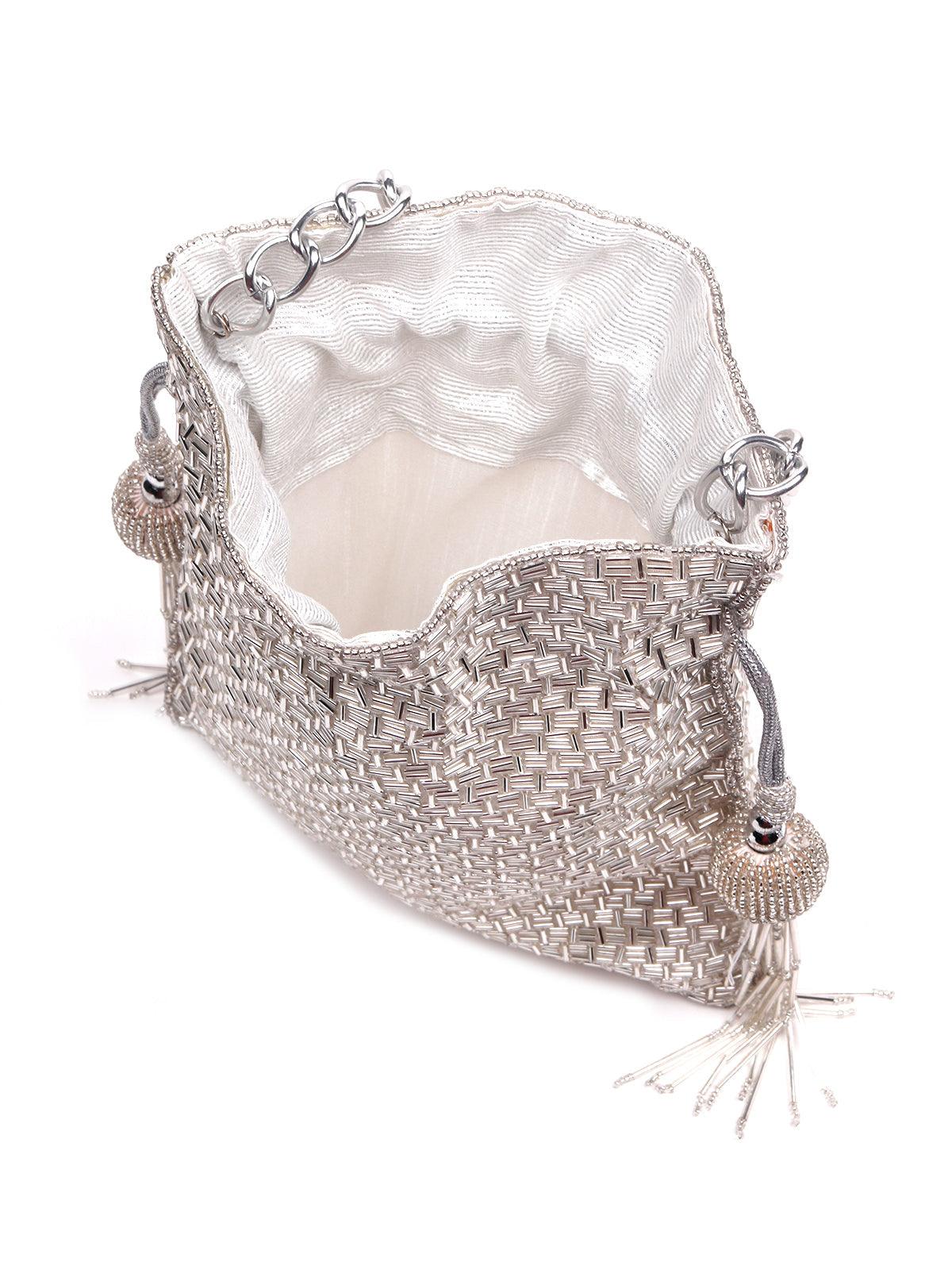 Odette Women Silver Beaded Potli Handbag - Image 5