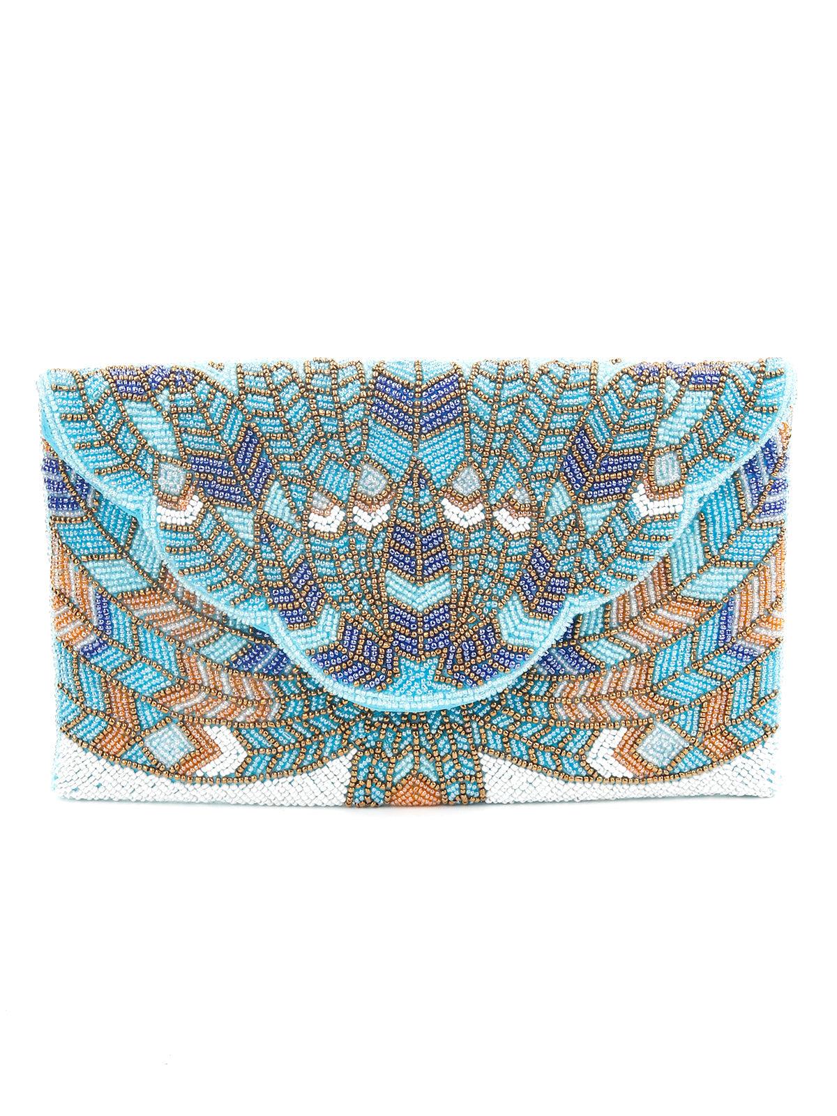 Odette Women Sky Blue Lovely Beaded Envelope Cutch - Image 5