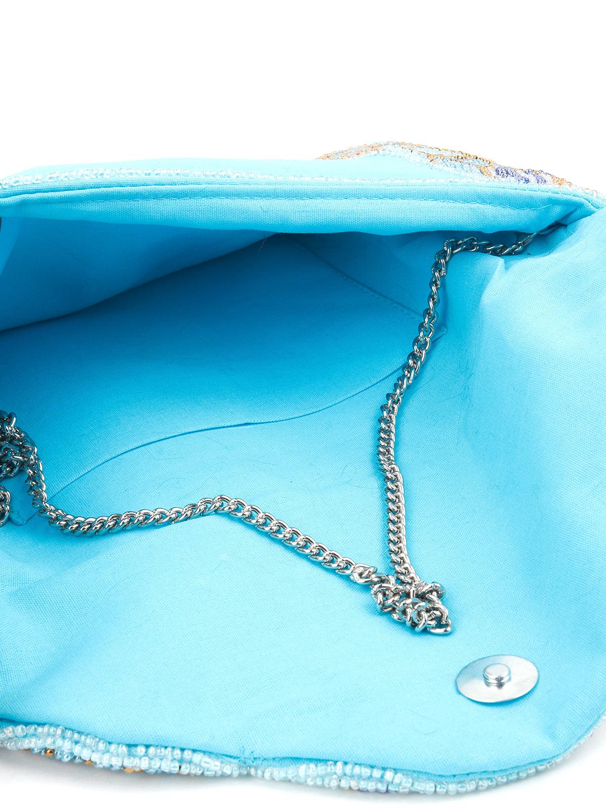 Odette Women Sky Blue Lovely Beaded Envelope Cutch - Image 6