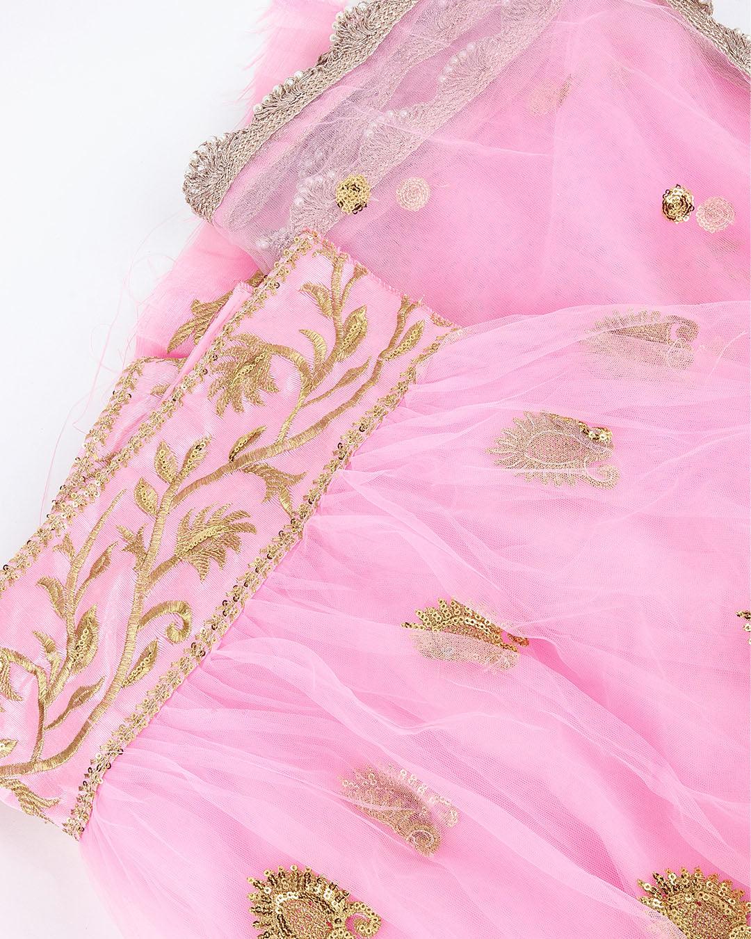 Odette Women Soft Net Pink Semi Stitched Lehenga With  Unstitched Blouse - Image 3