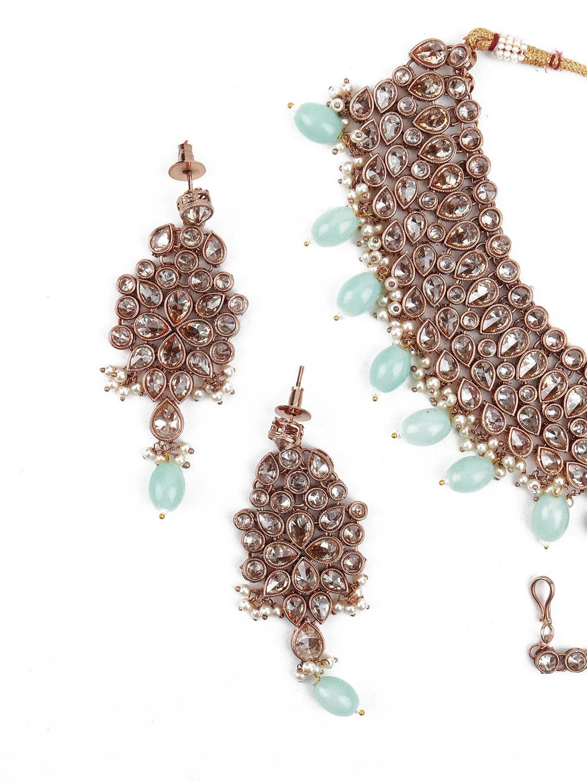 Odette Women Supple Clear Stone-Green Mani Copper Tone Necklace Set - Image 4