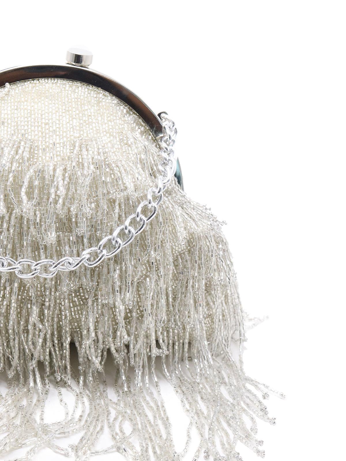 Odette Women Vintage Silver Beaded Tassel Batua - Image 6