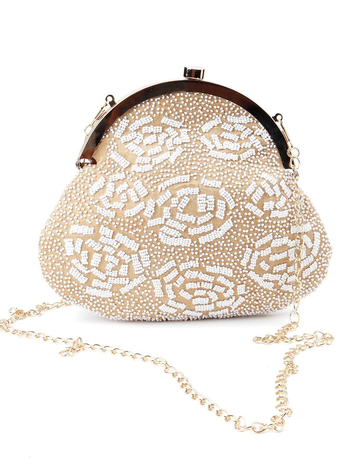 Odette Women White Beaded-Beige Fabric Batuwa - Image 3