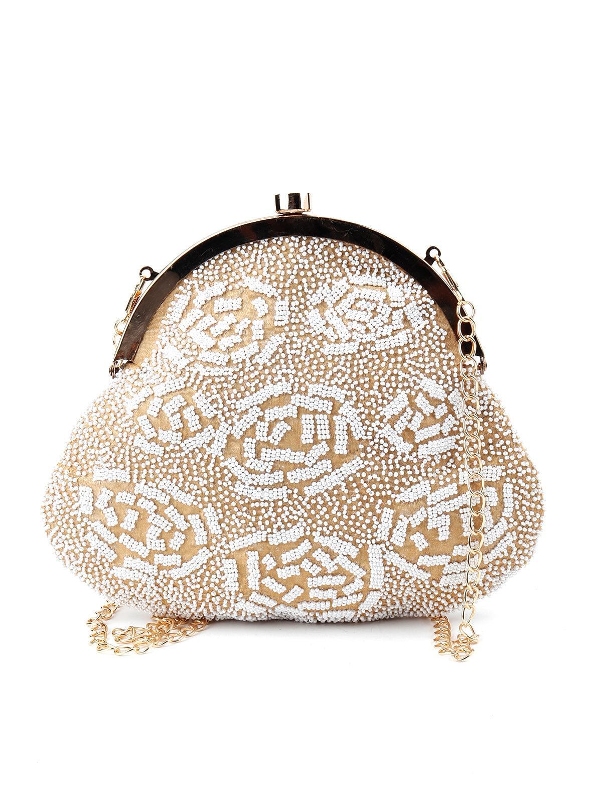 Odette Women White Beaded-Beige Fabric Batuwa - Image 5