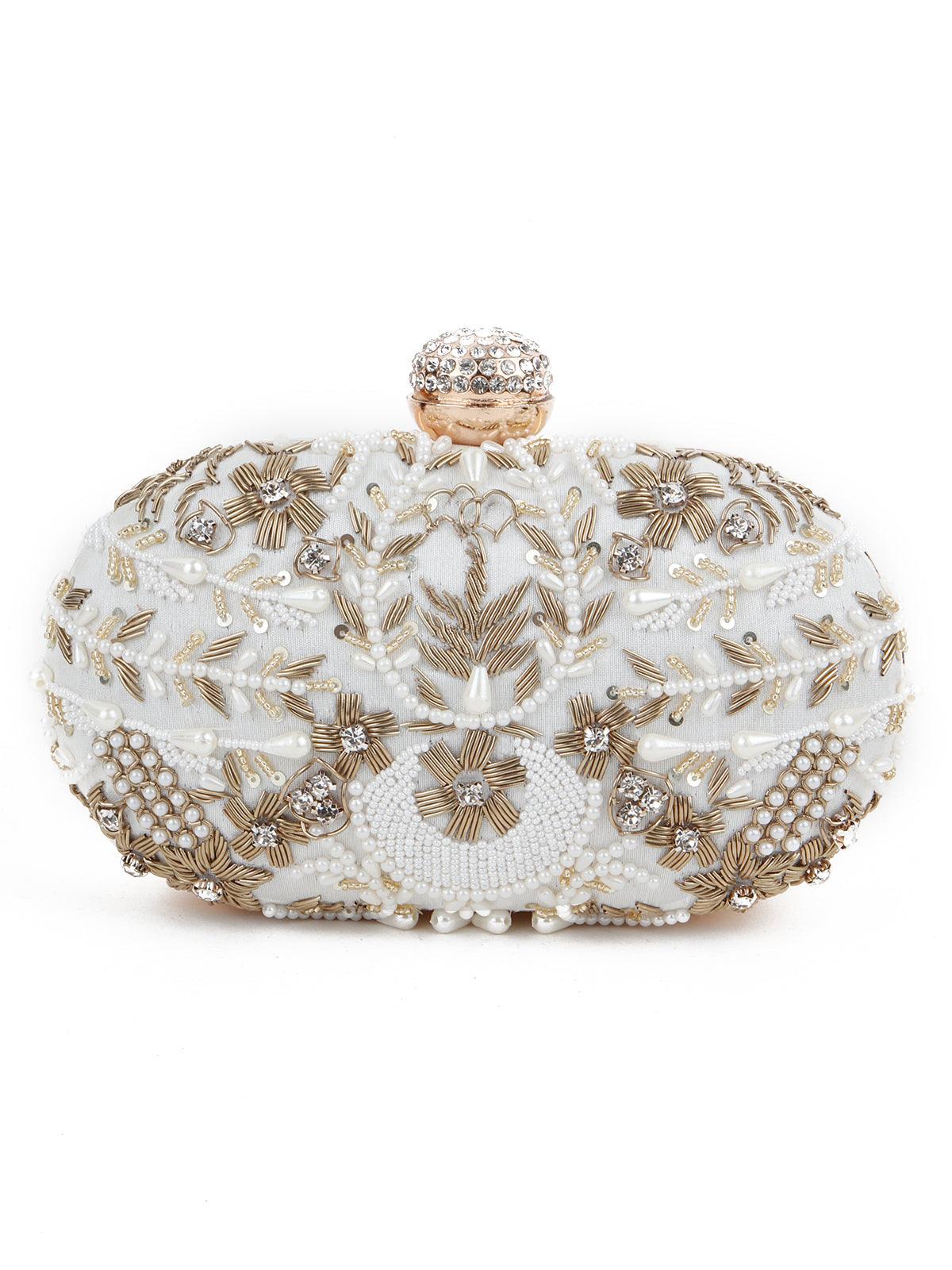 Odette Women White Oval Shape Designer Clutch! - Image 2