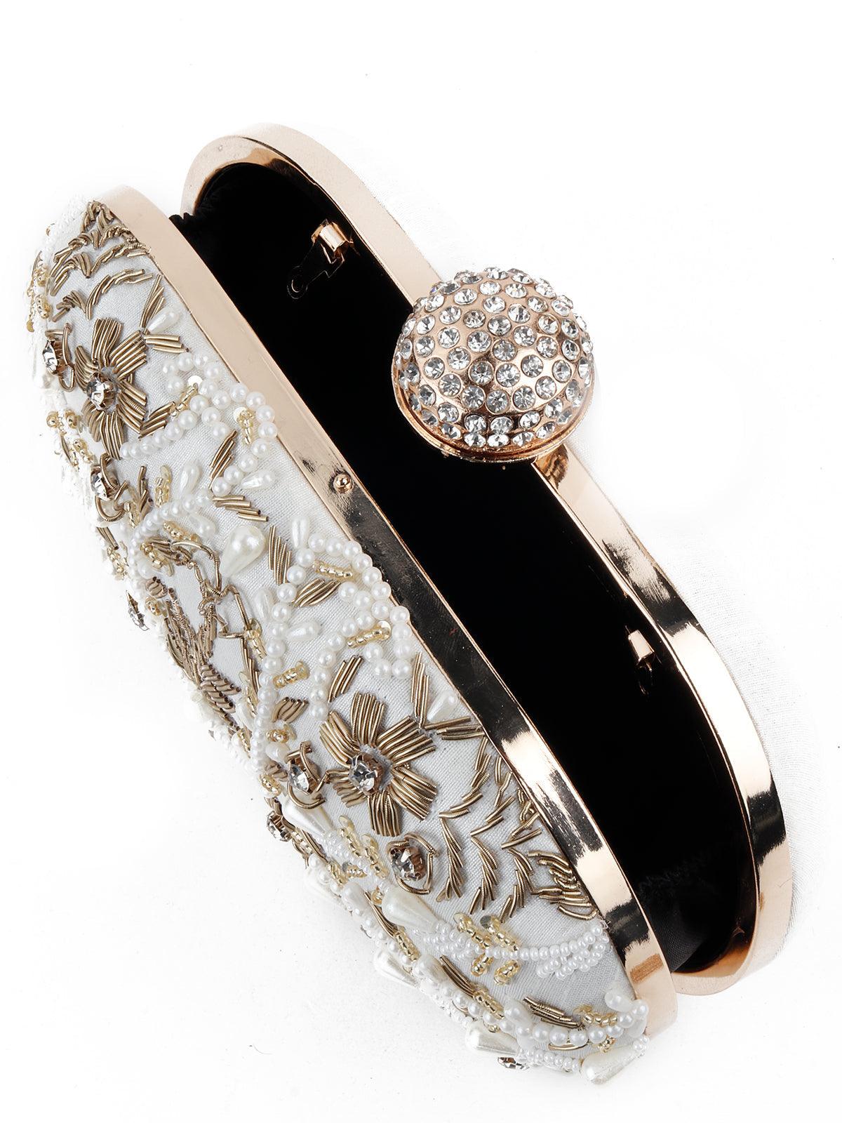 Odette Women White Oval Shape Designer Clutch! - Image 4