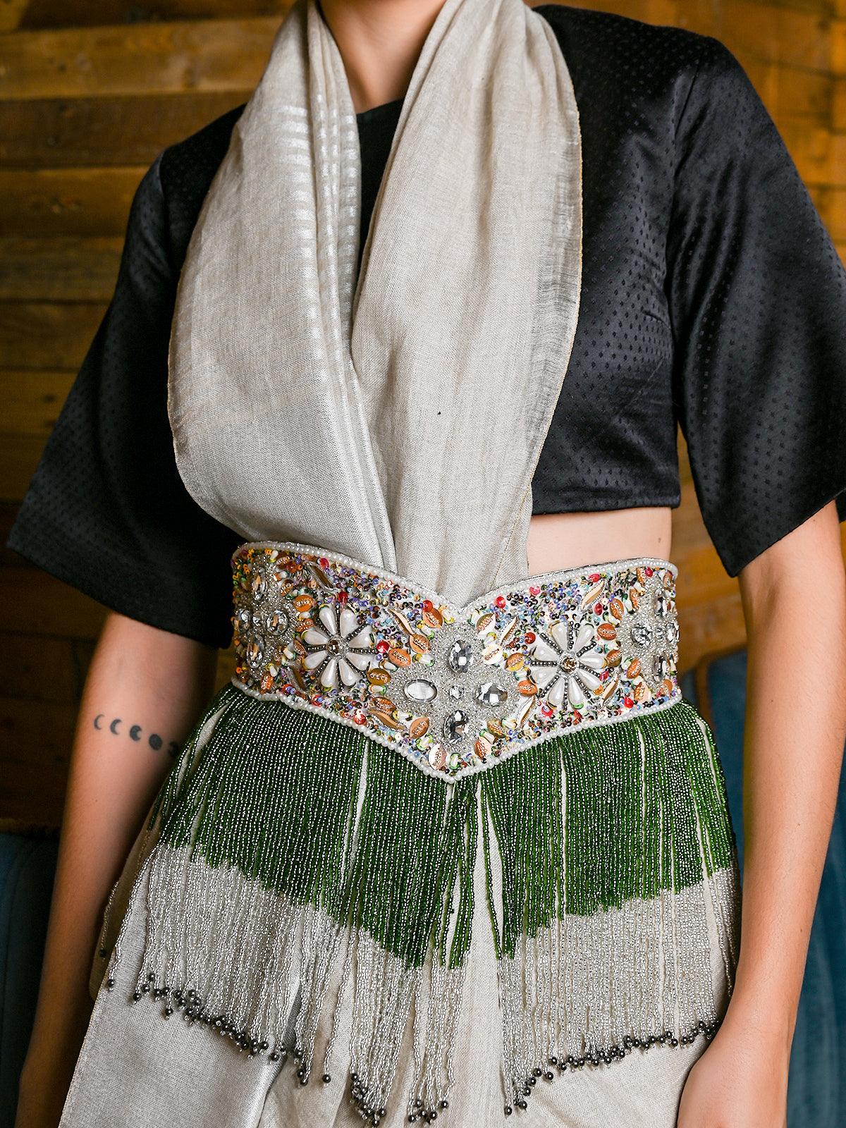 Odette Women White Pearl Green And Rhinestone Velvet Base Belt - Image 2