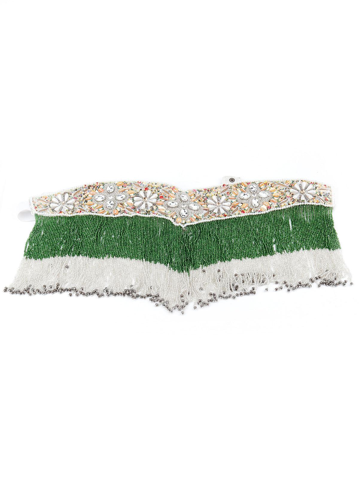 Odette Women White Pearl Green And Rhinestone Velvet Base Belt - Image 3
