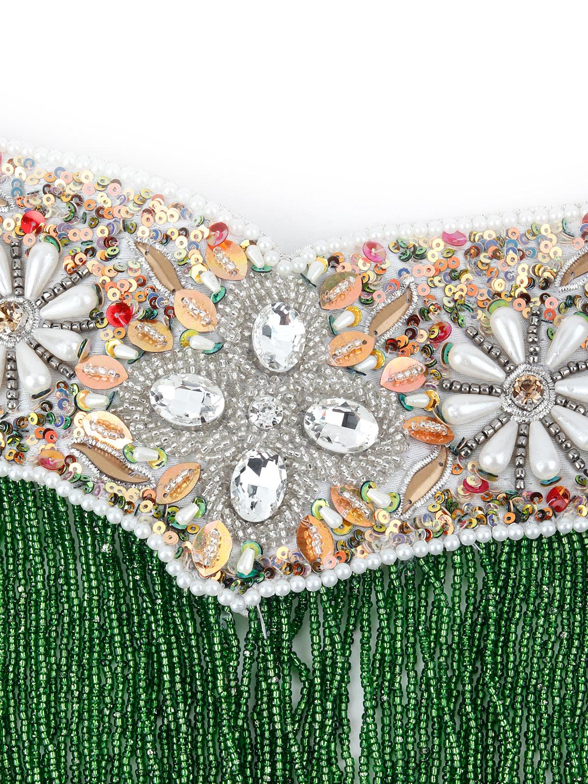 Odette Women White Pearl Green And Rhinestone Velvet Base Belt - Image 4
