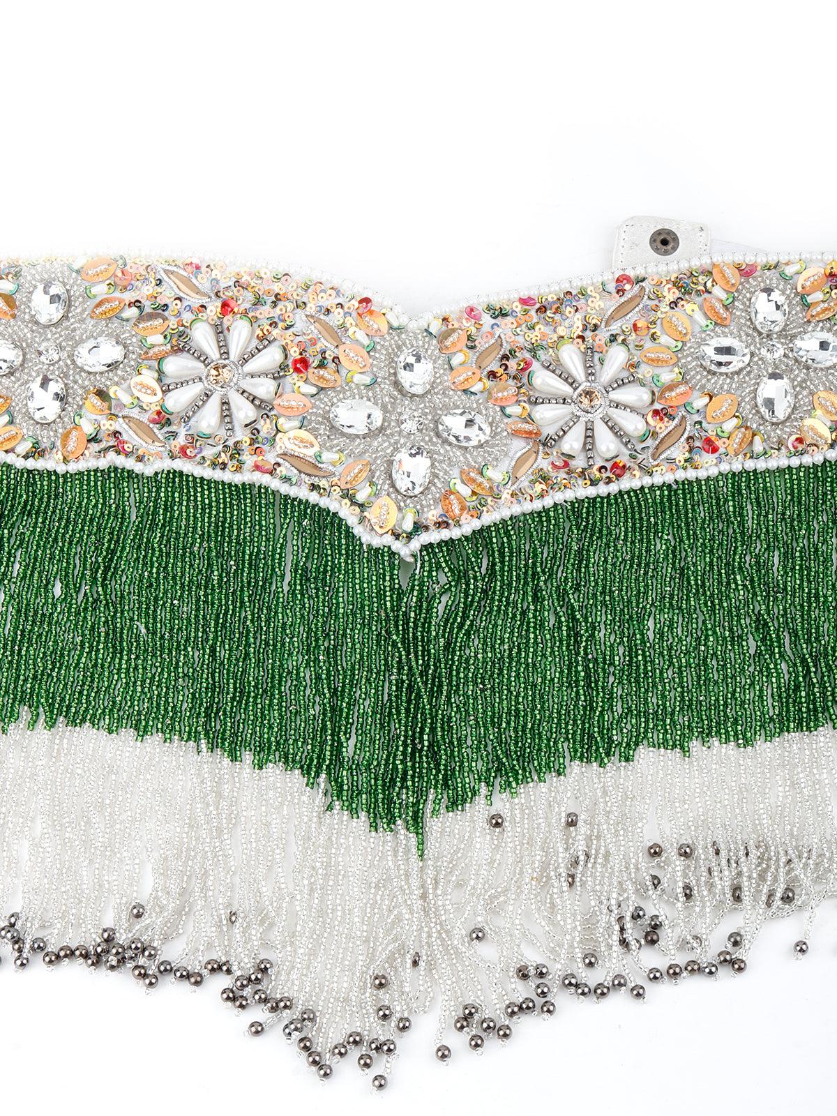 Odette Women White Pearl Green And Rhinestone Velvet Base Belt - Image 5