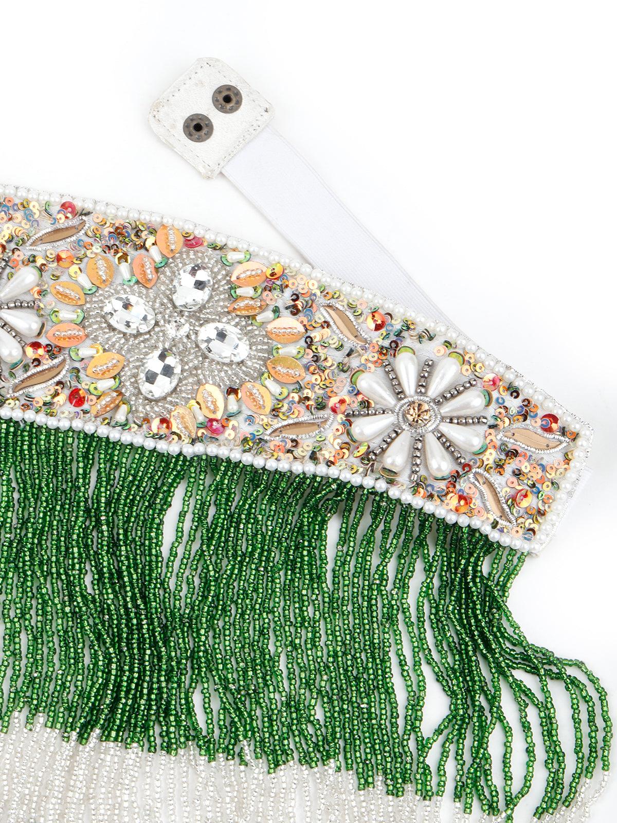 Odette Women White Pearl Green And Rhinestone Velvet Base Belt - Image 6