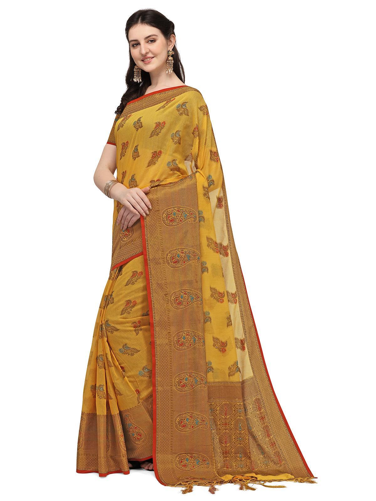 Odette Women Yellow Colour Banarasi Silk Madhubani Work Saree With Unstitched Blouse - Image 3