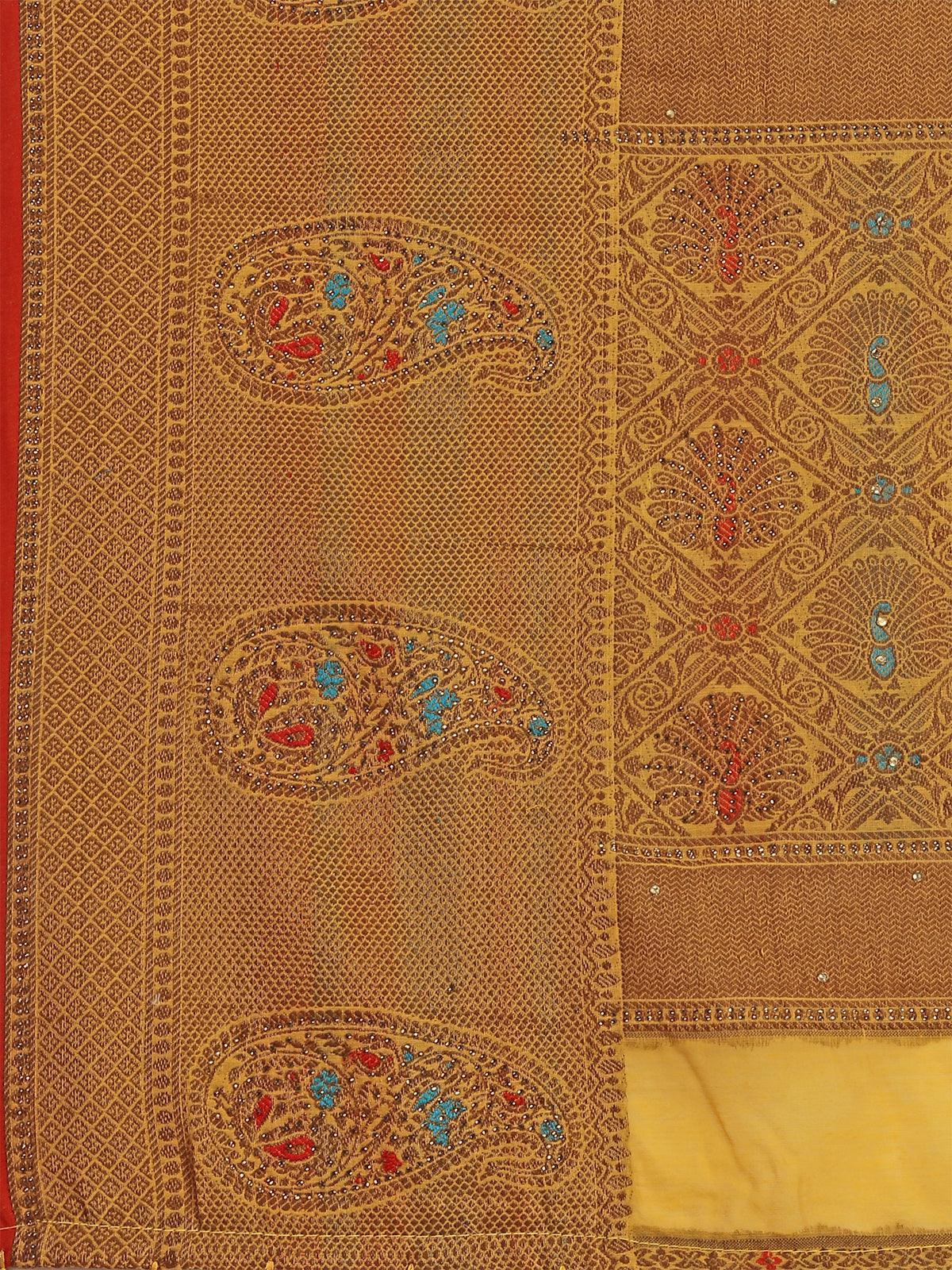 Odette Women Yellow Colour Banarasi Silk Madhubani Work Saree With Unstitched Blouse - Image 4