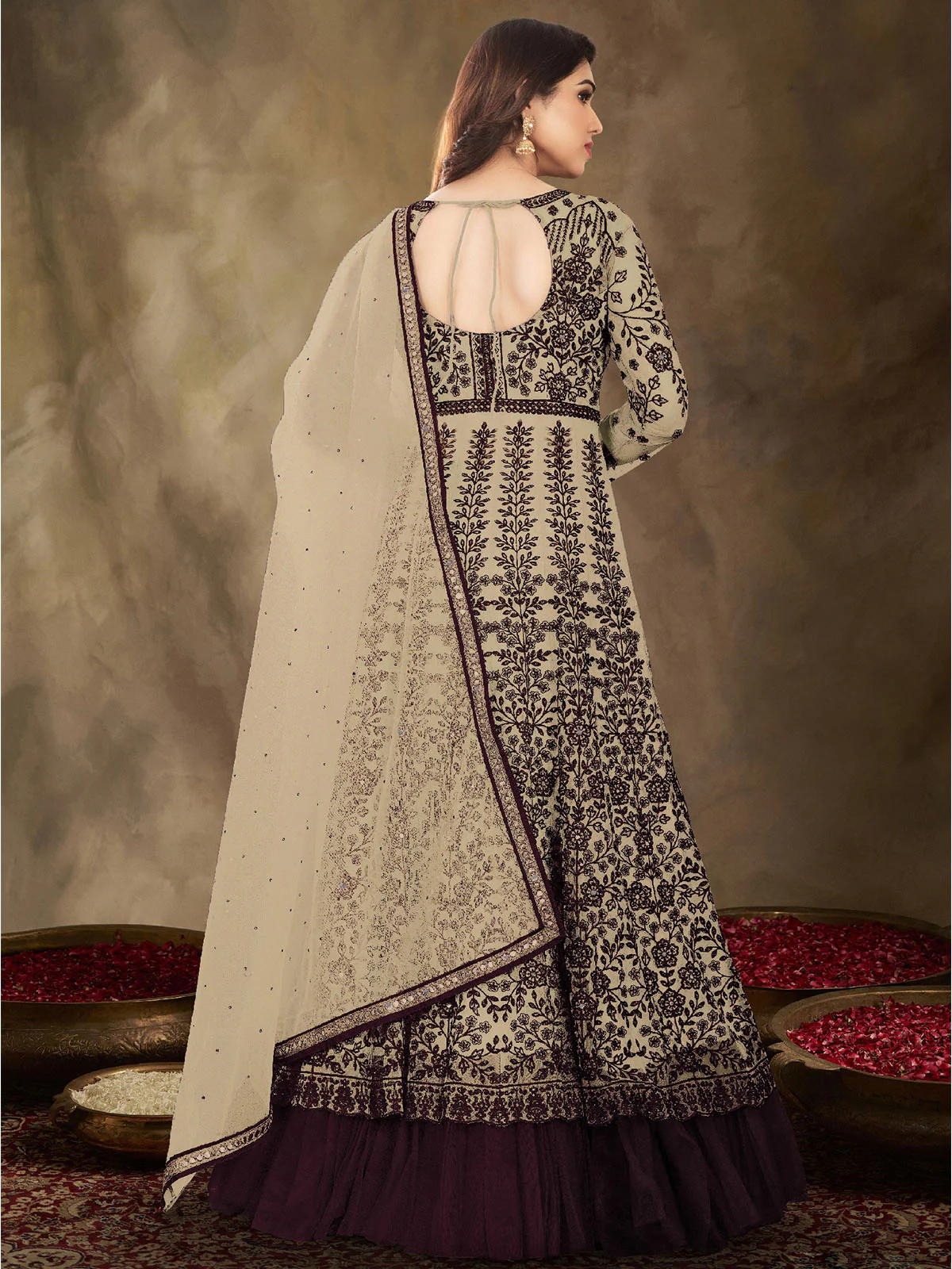 Odette Women Brown Colored Partywear Embroidered Netted Semi Stitched Anarkali Suit - Image 2