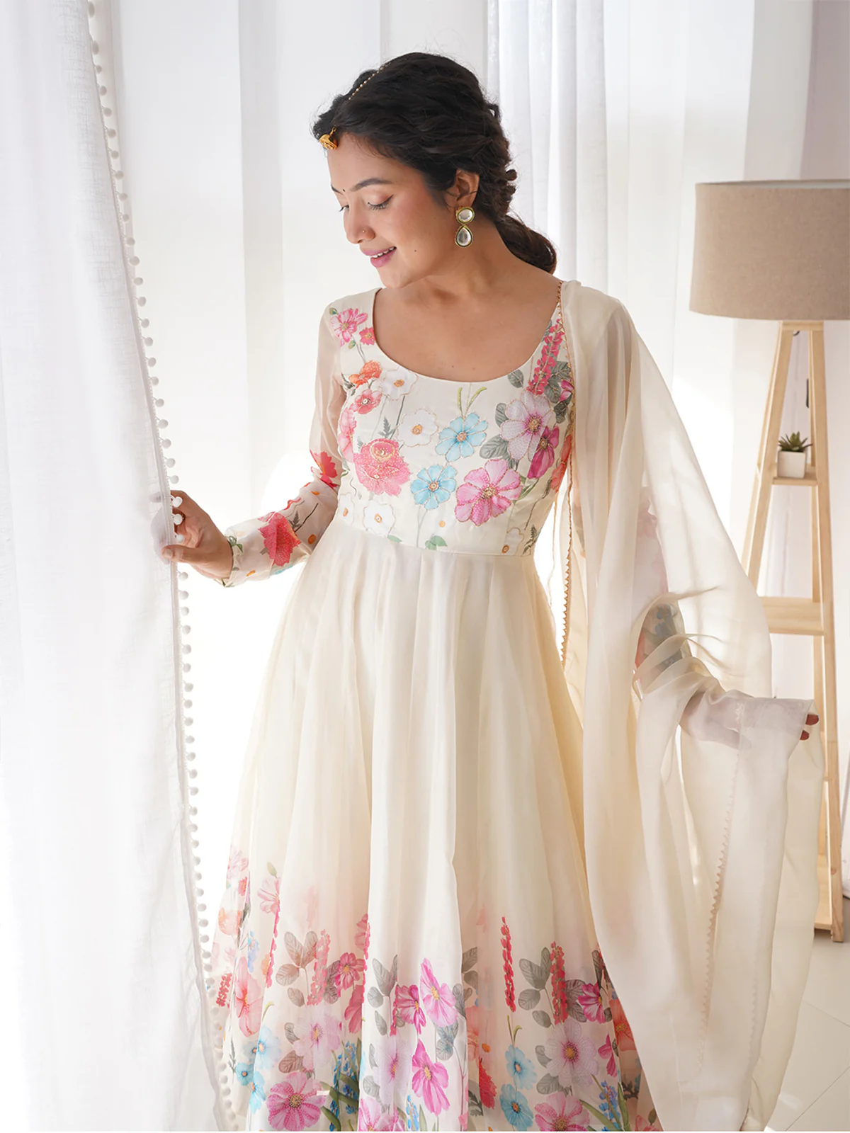 Odette Women Cream Faux Georgette Printed Stitched Kurta Set - Image 5