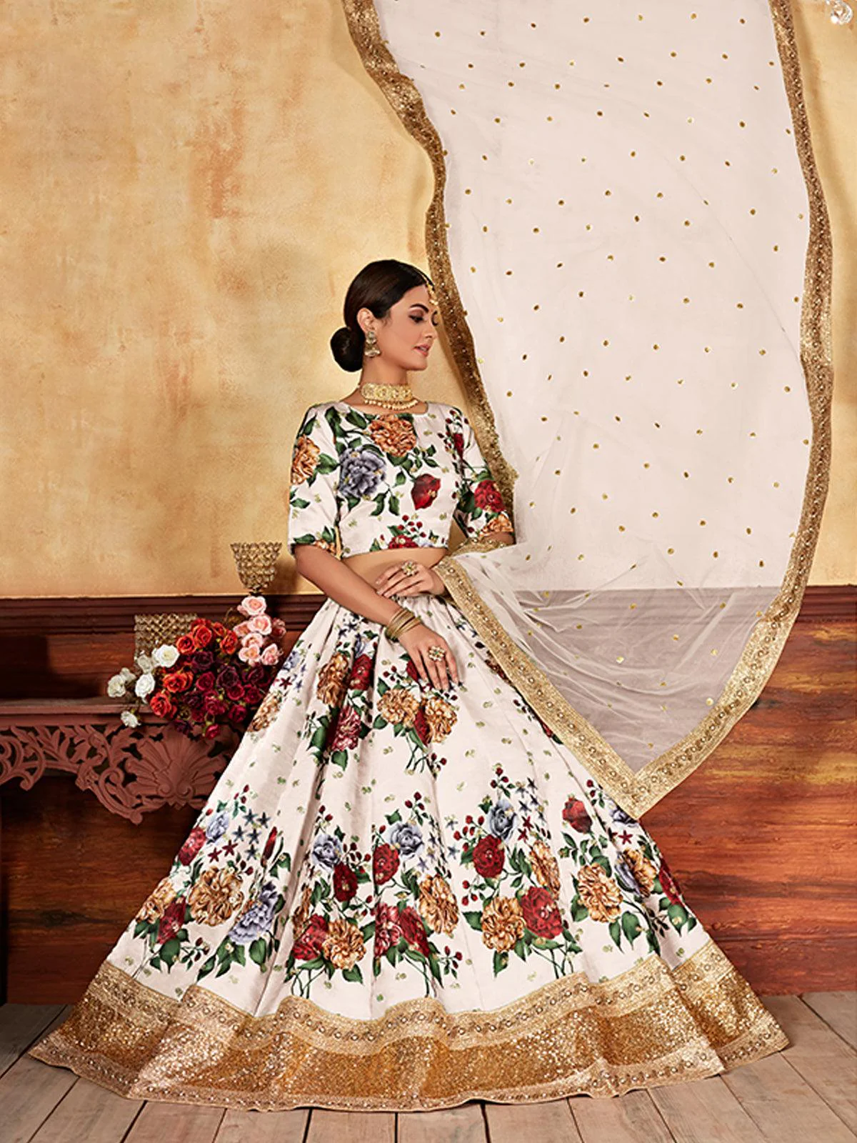 Odette Women Cream Semi Stitched Lehenga With Blouse - Image 2