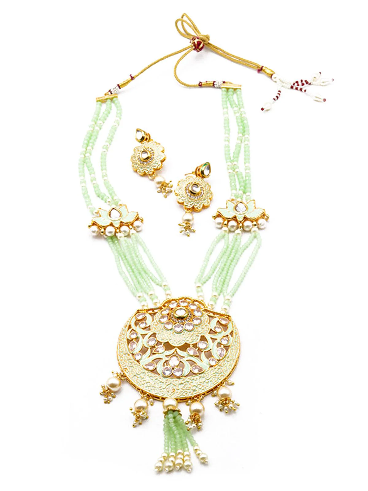 Odette Women Curved Lotus Shaped Sea Green Onyx Crystal Beads Polki Set - Image 3