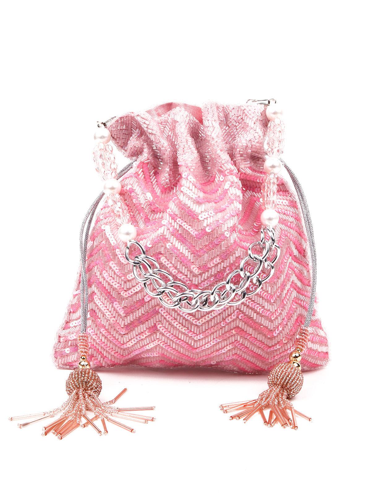 Odette Women Pink Sequence Potli Bag - Image 3