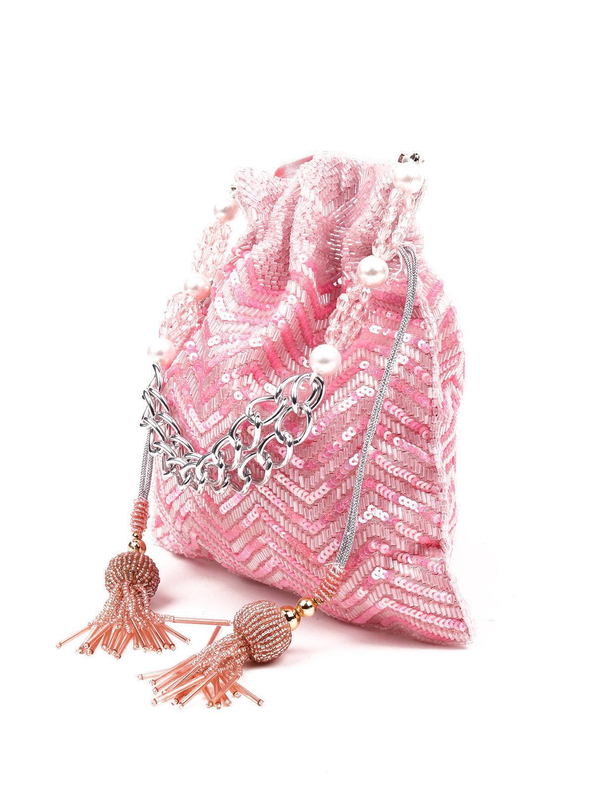 Odette Women Pink Sequence Potli Bag - Image 4
