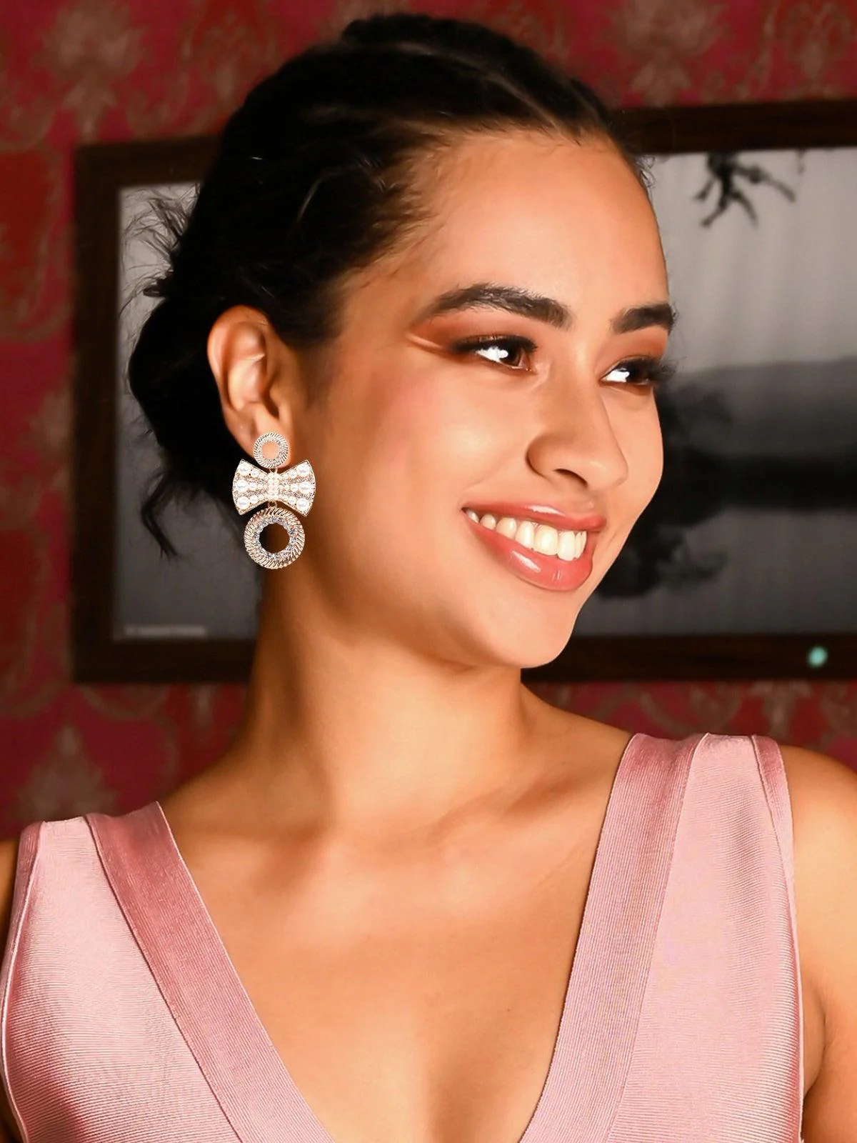 Odette Women Gold Metal Bow Earrings - Image 2