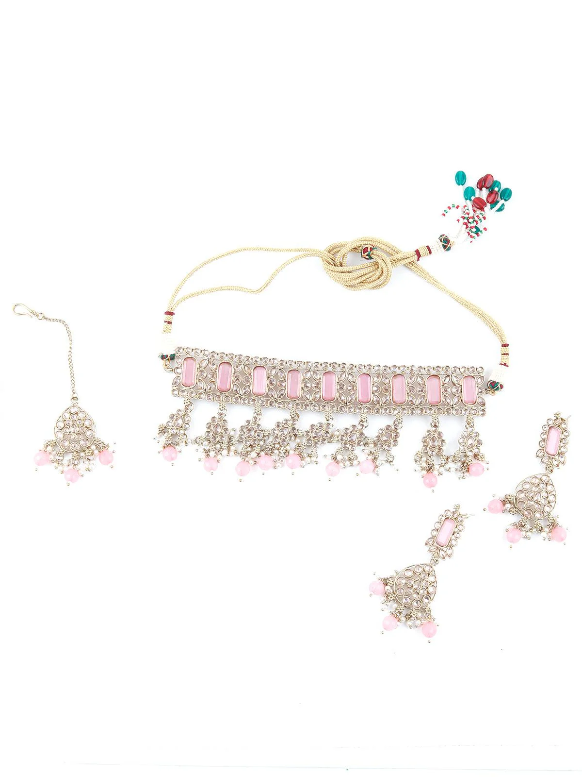 Odette Women Lovely Rose Quartz Kundan Style Choker Necklace Set - Image 3