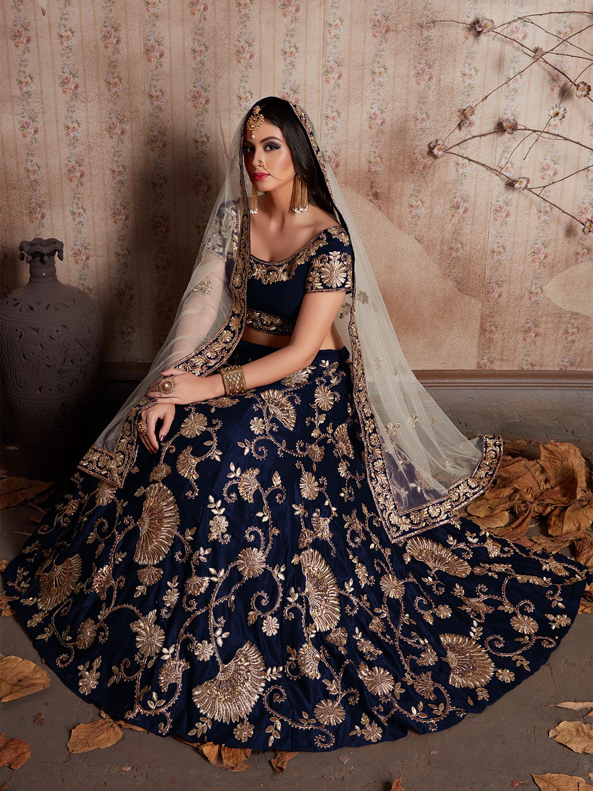 Odette Women Dark Blue Embroidered Semi Stitched Lehenga With Unstitched Blouse - Image 2