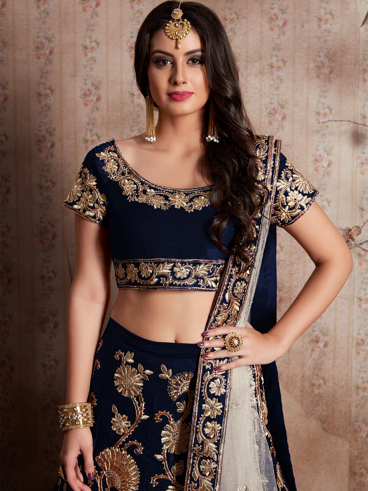 Odette Women Dark Blue Embroidered Semi Stitched Lehenga With Unstitched Blouse - Image 4