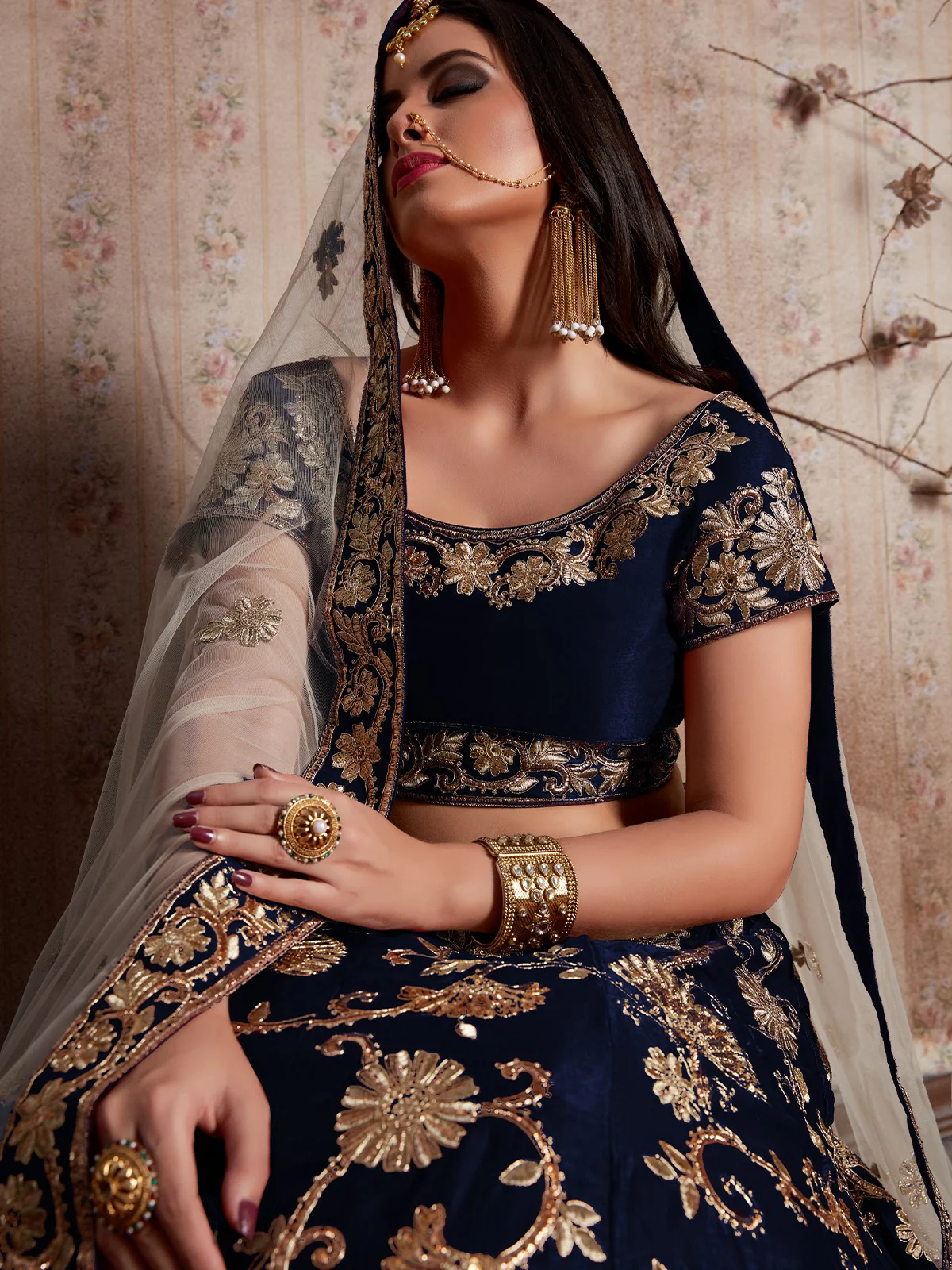 Odette Women Dark Blue Embroidered Semi Stitched Lehenga With Unstitched Blouse - Image 5