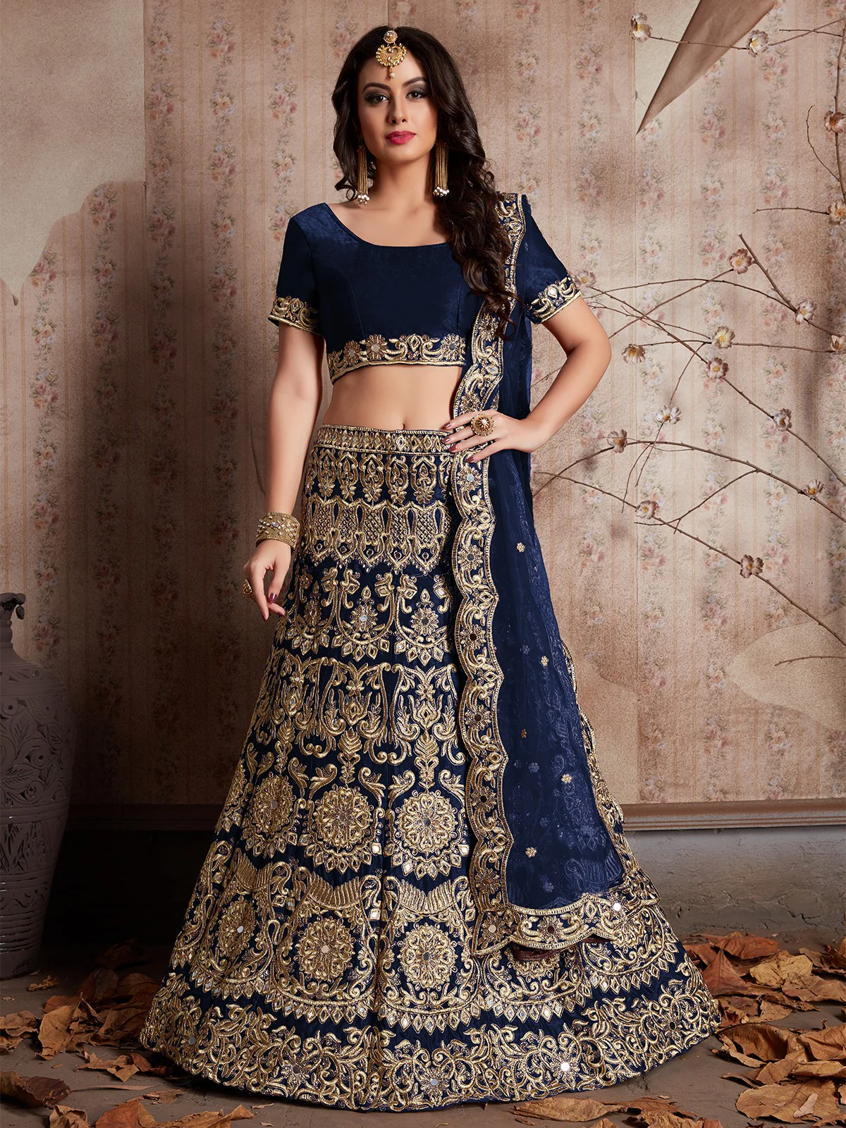 Odette Women Dark Blue Embroidered Semi Stitched Lehenga With Unstitched Blouse - Image 2