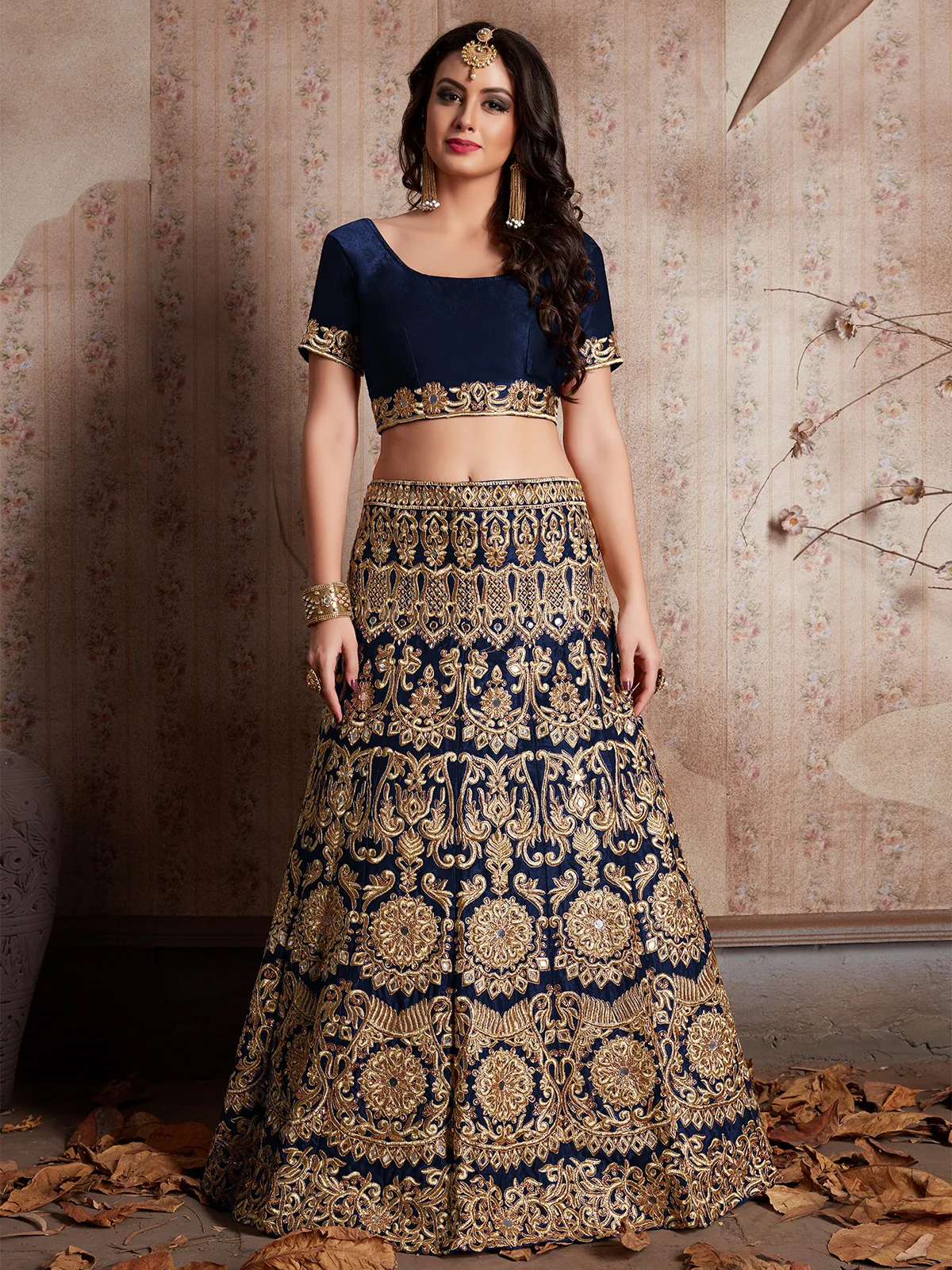 Odette Women Dark Blue Embroidered Semi Stitched Lehenga With Unstitched Blouse - Image 4