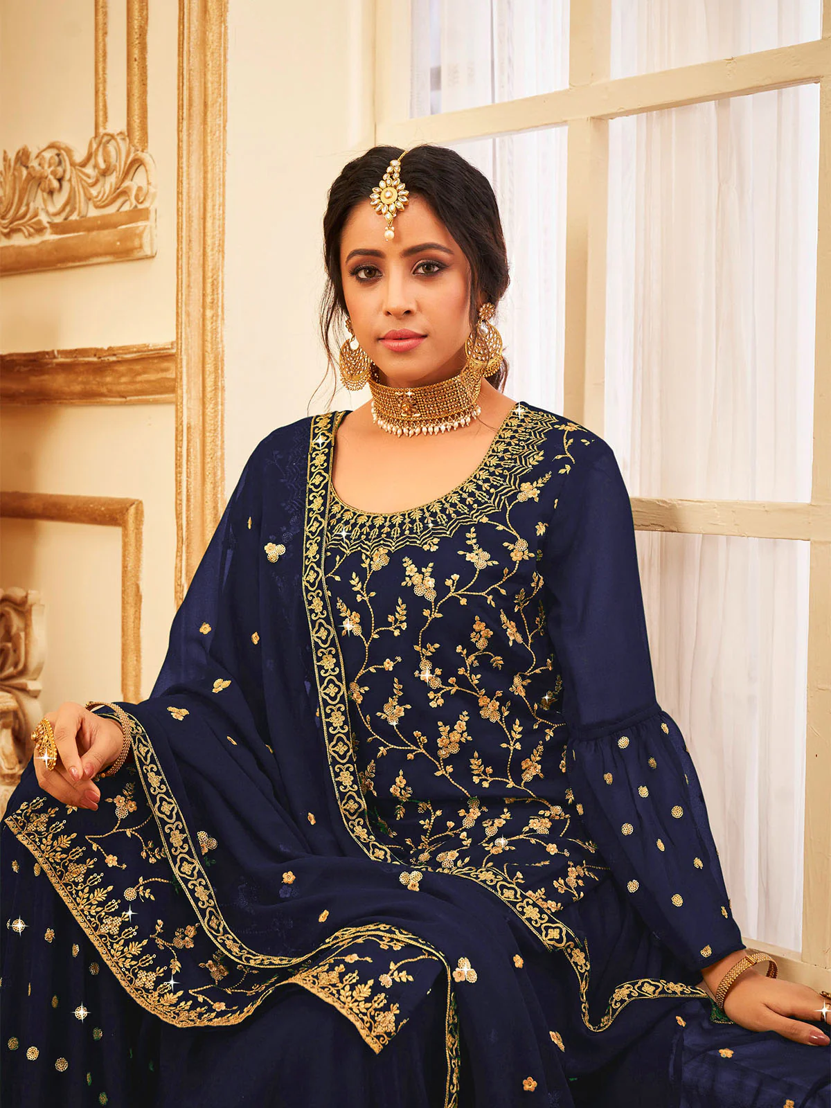 Odette Women Dark Blue Faux Georgette With Glitter Sequence Work Semi Stitched Sharara Suit - Image 2
