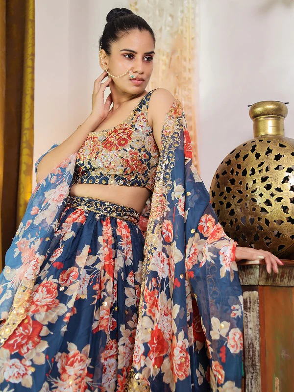 Odette Women Blue Lehenga Poly Georgette Blouse - Image 4