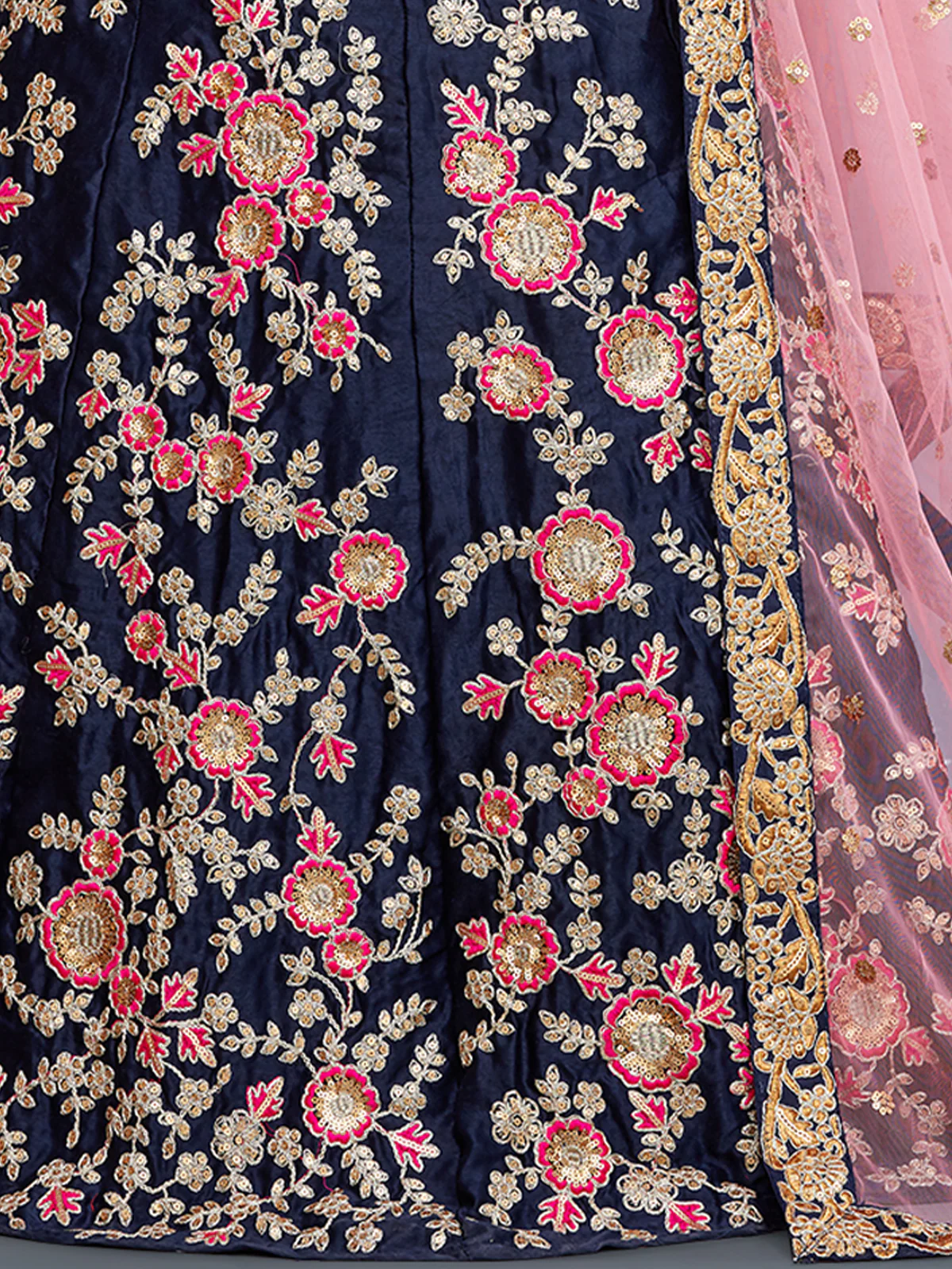Odette Women Dark Blue Embroidered Velvet Silk Semi Stitched Lehenga With Unstitched Blouse - Image 3