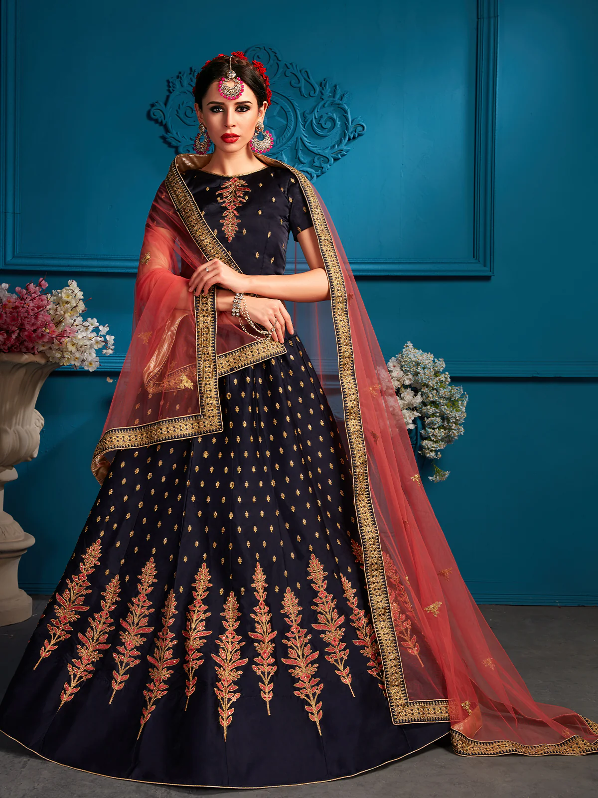 Odette Women Dark Blue Sequins Semi Stitched Lehenga With Unstitched Blouse - Image 2