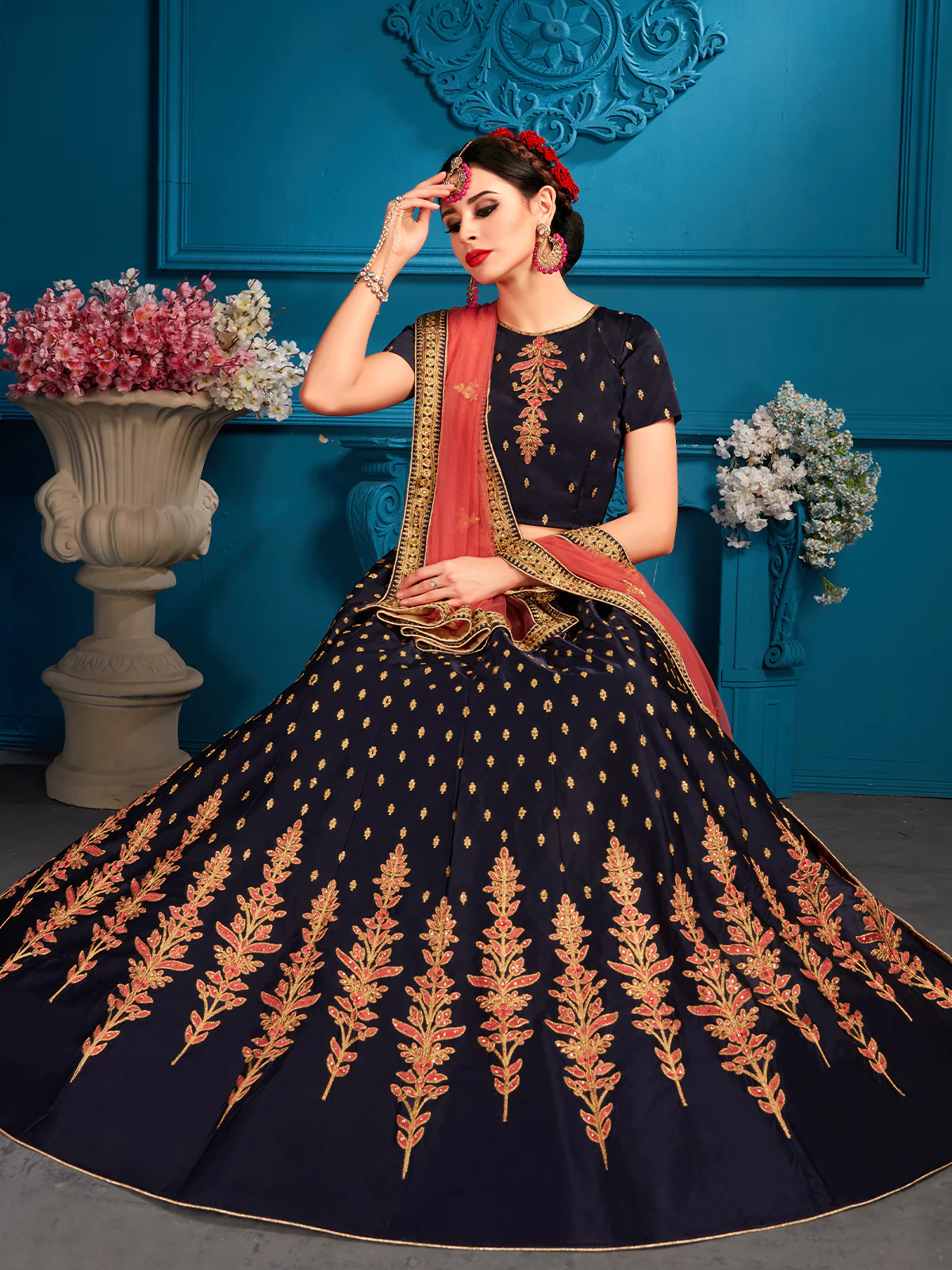 Odette Women Dark Blue Sequins Semi Stitched Lehenga With Unstitched Blouse - Image 3